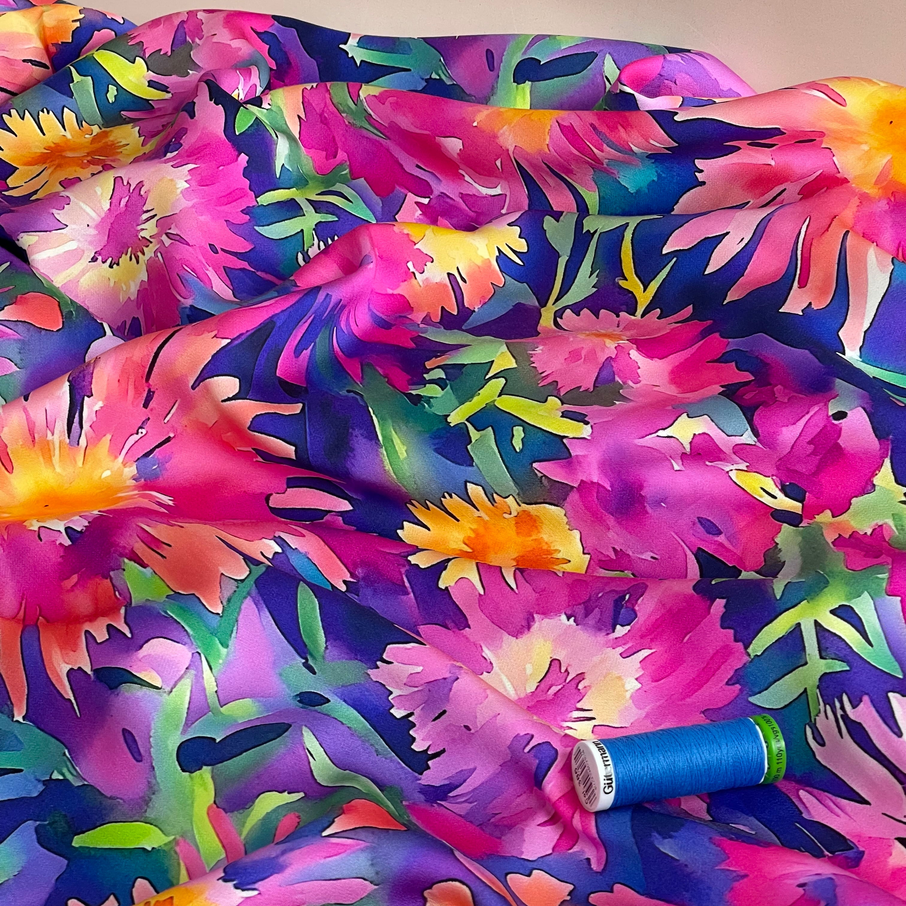 Painted Asters Viscose Sateen Fabric
