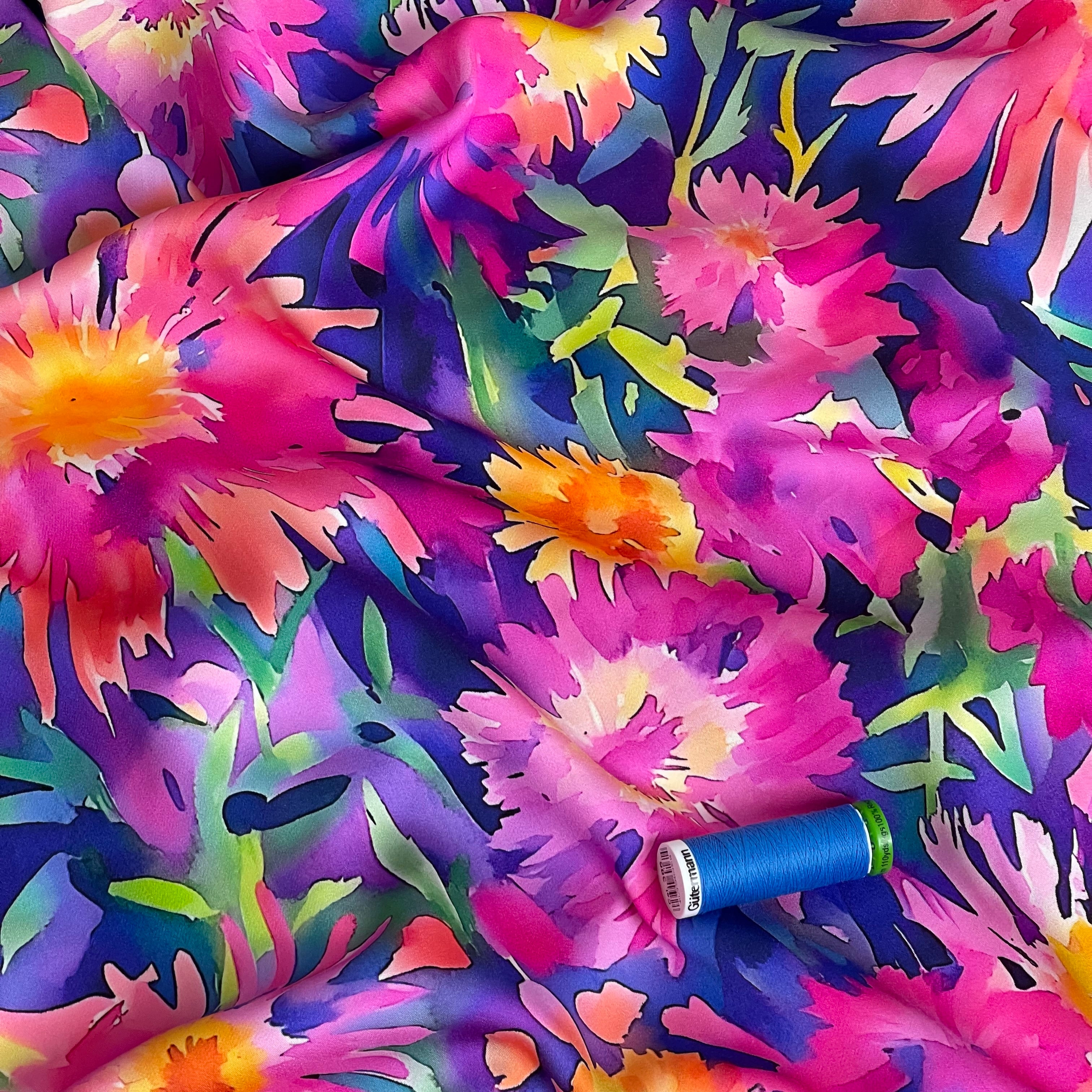 Painted Asters Viscose Sateen Fabric