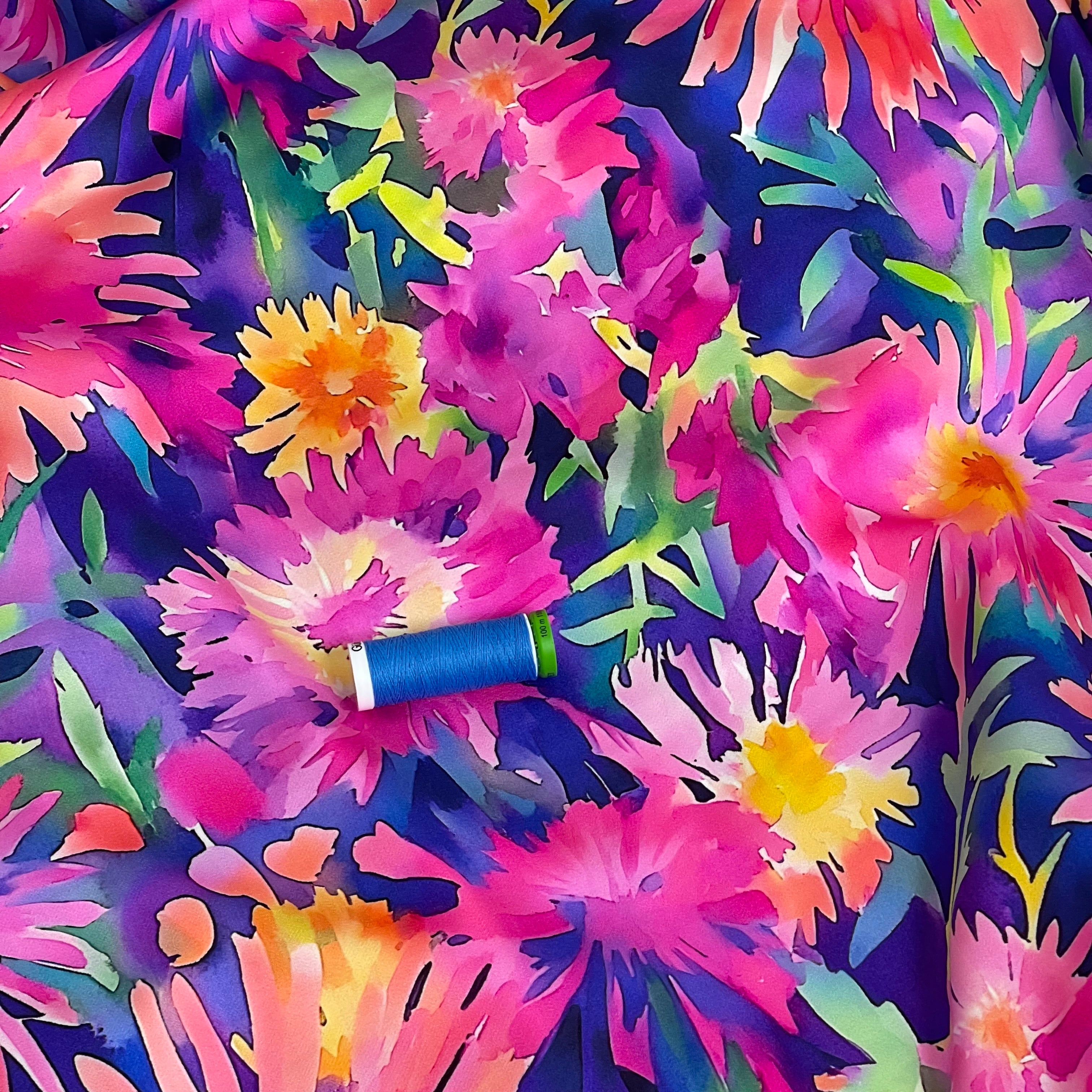Painted Asters Viscose Sateen Fabric