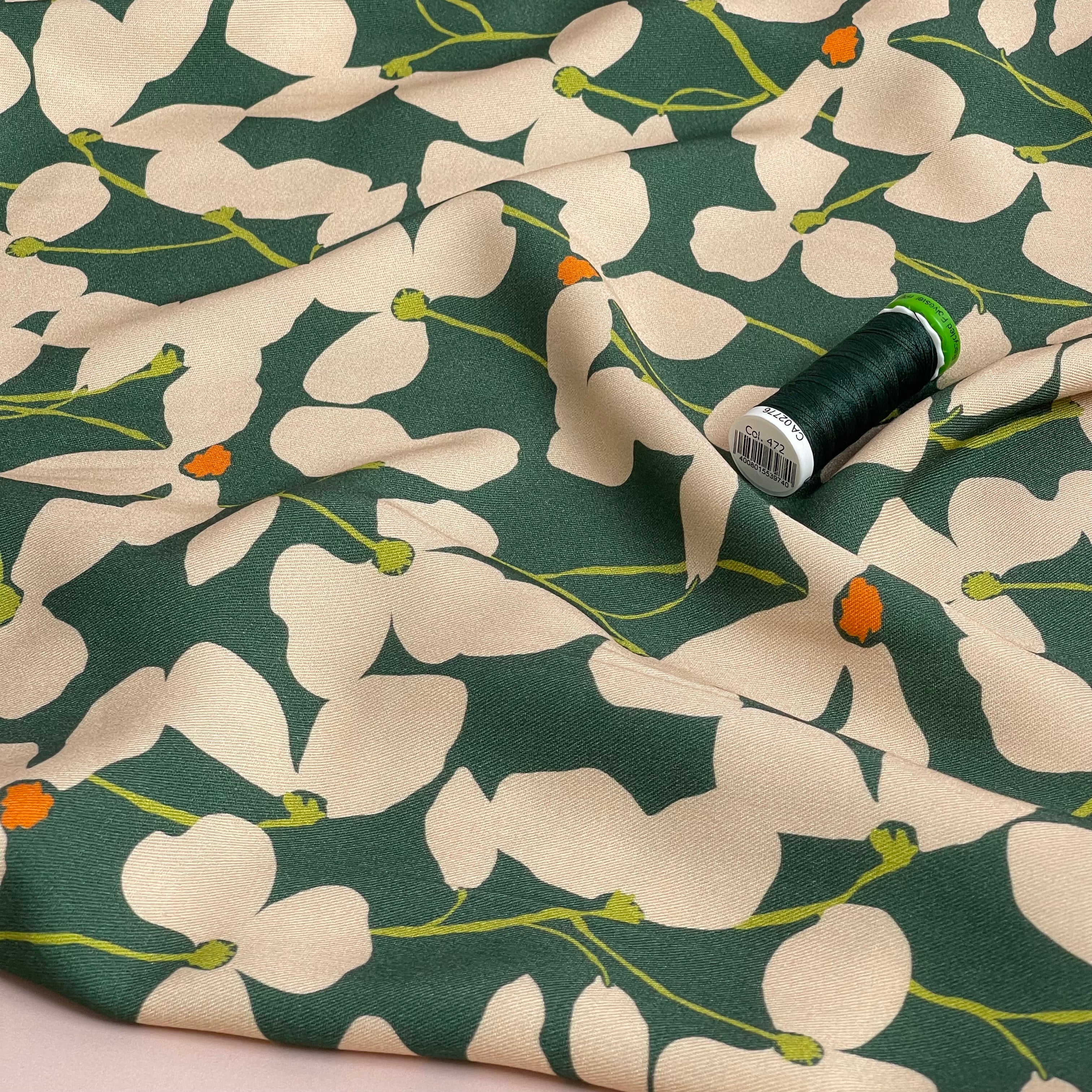 Light & Lush - Shadow Flowers Green Viscose Twill Fabric