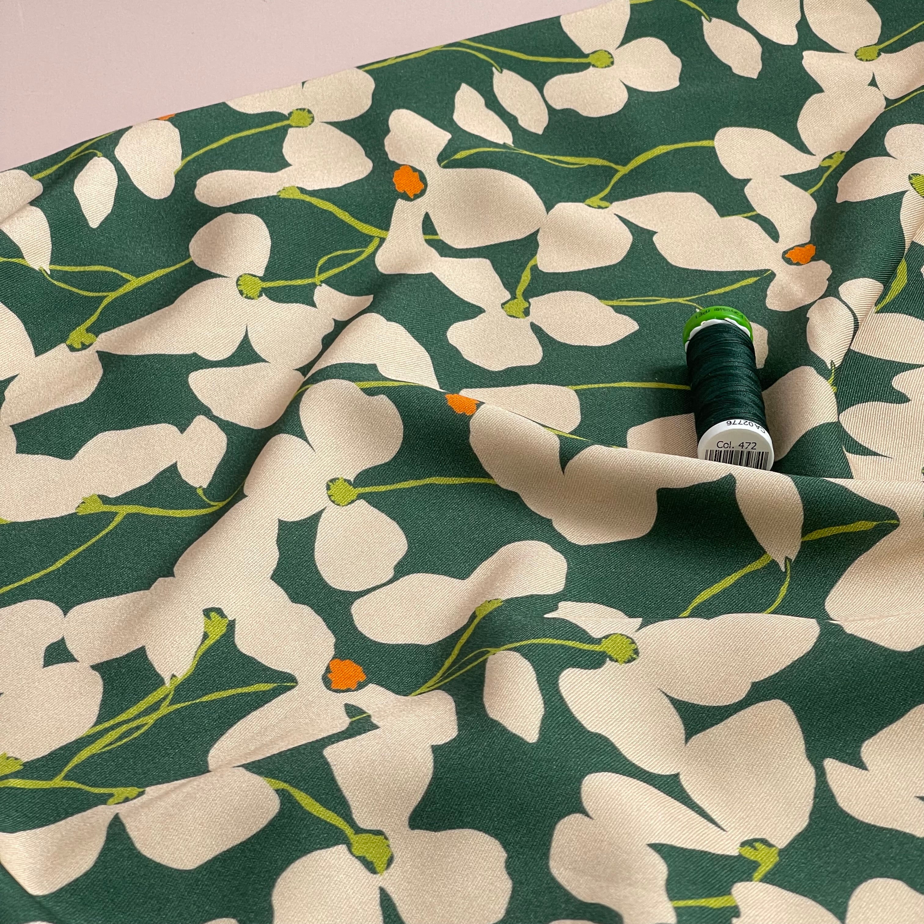Light & Lush - Shadow Flowers Green Viscose Twill Fabric