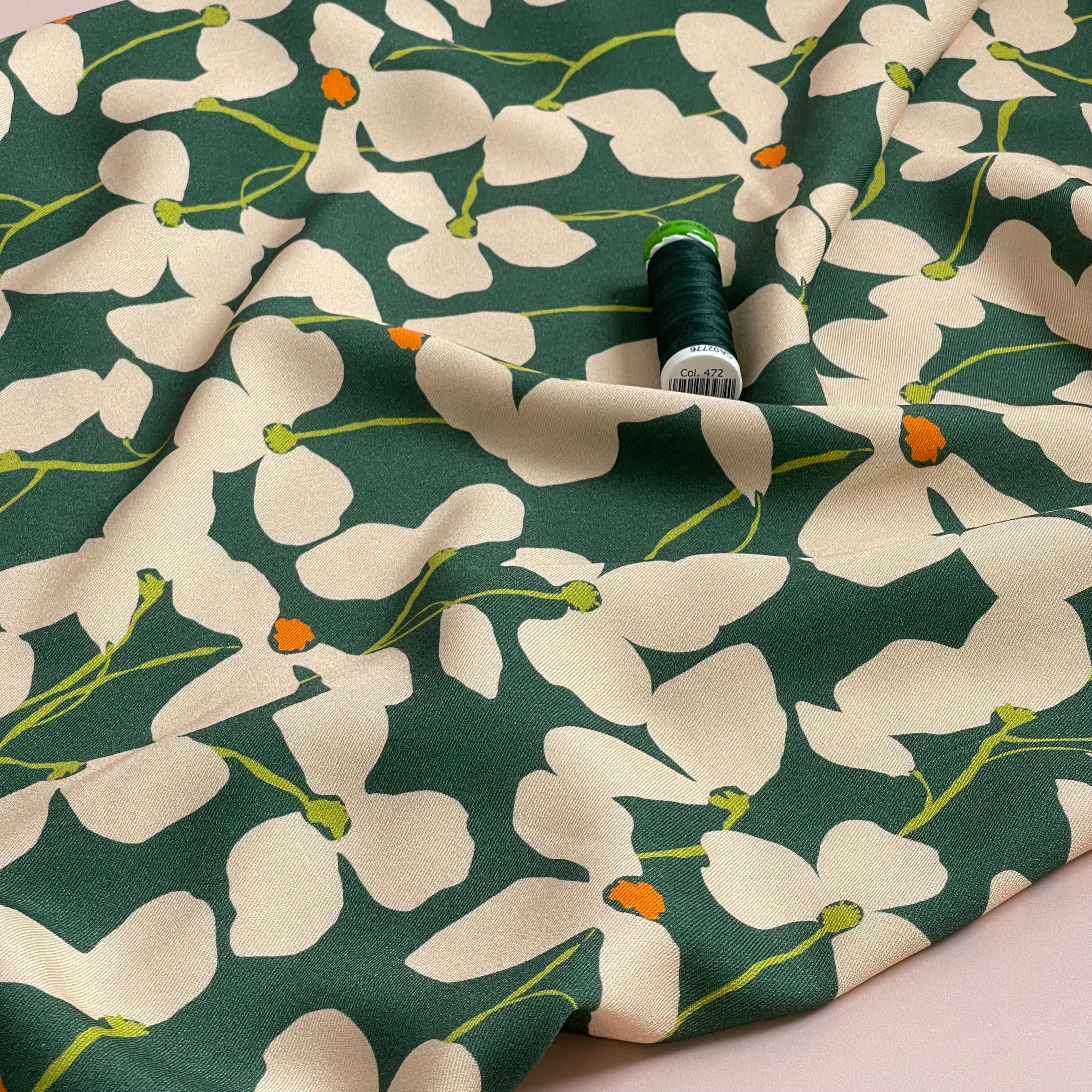 Light & Lush - Shadow Flowers Green Viscose Twill Fabric