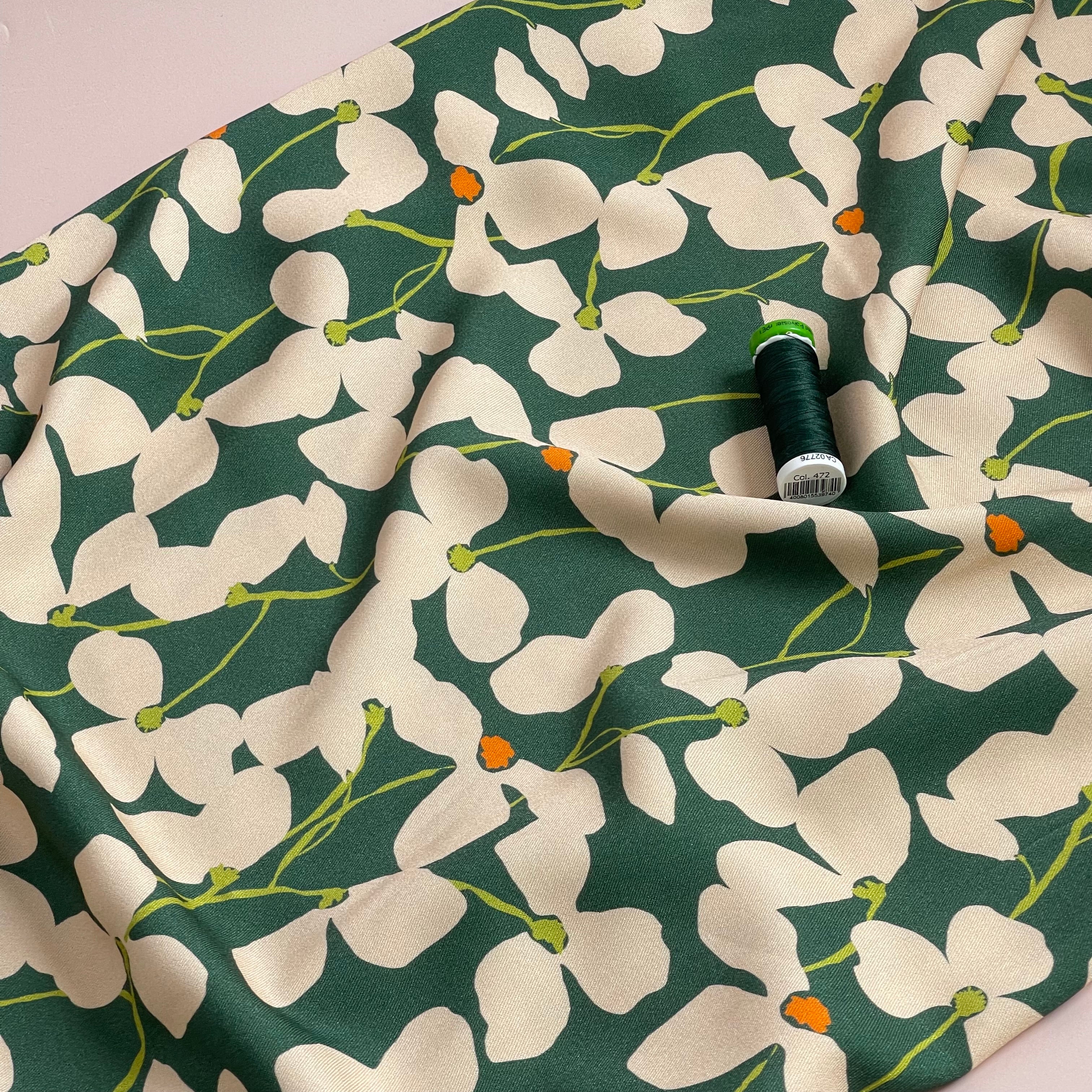 Light & Lush - Shadow Flowers Green Viscose Twill Fabric
