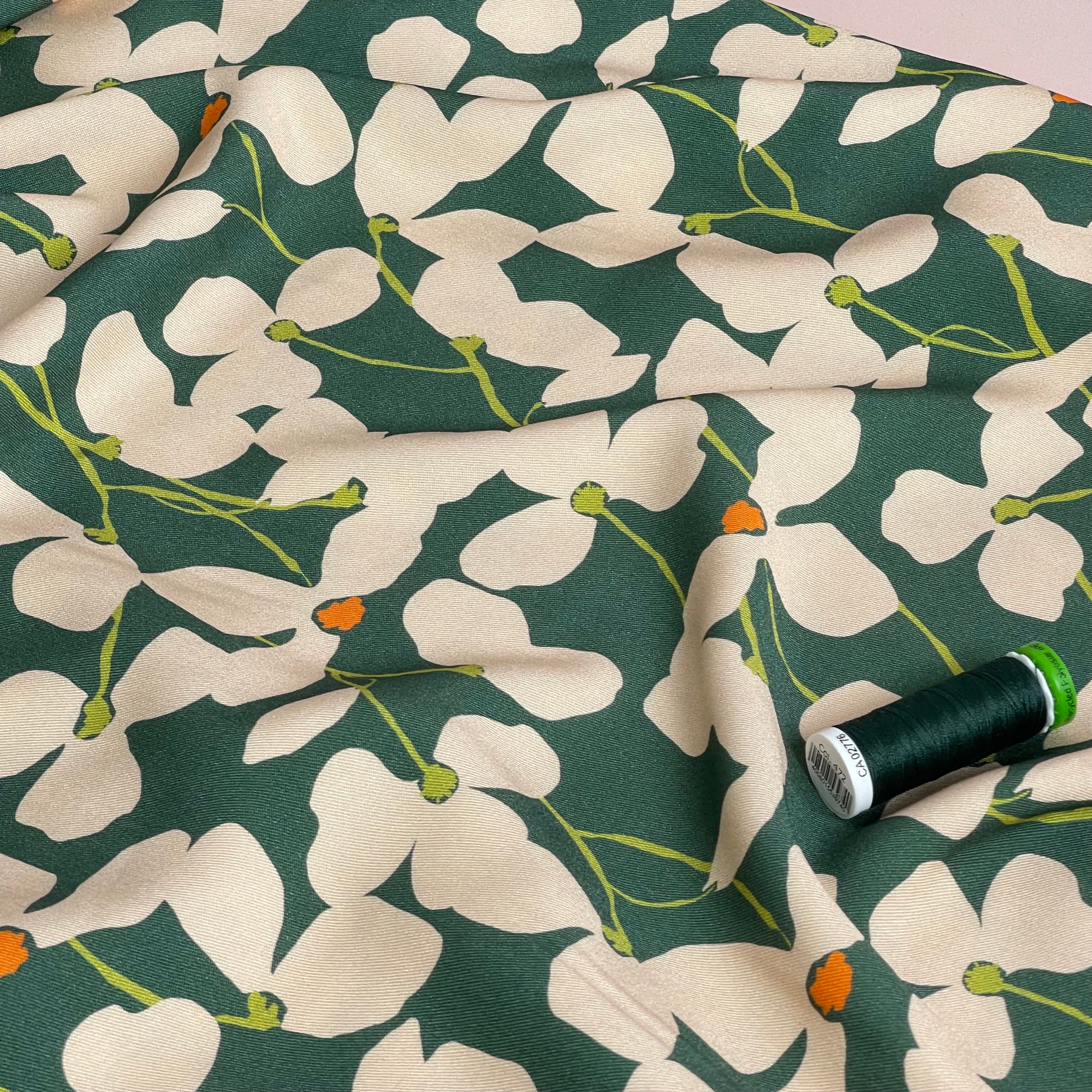 Light & Lush - Shadow Flowers Green Viscose Twill Fabric