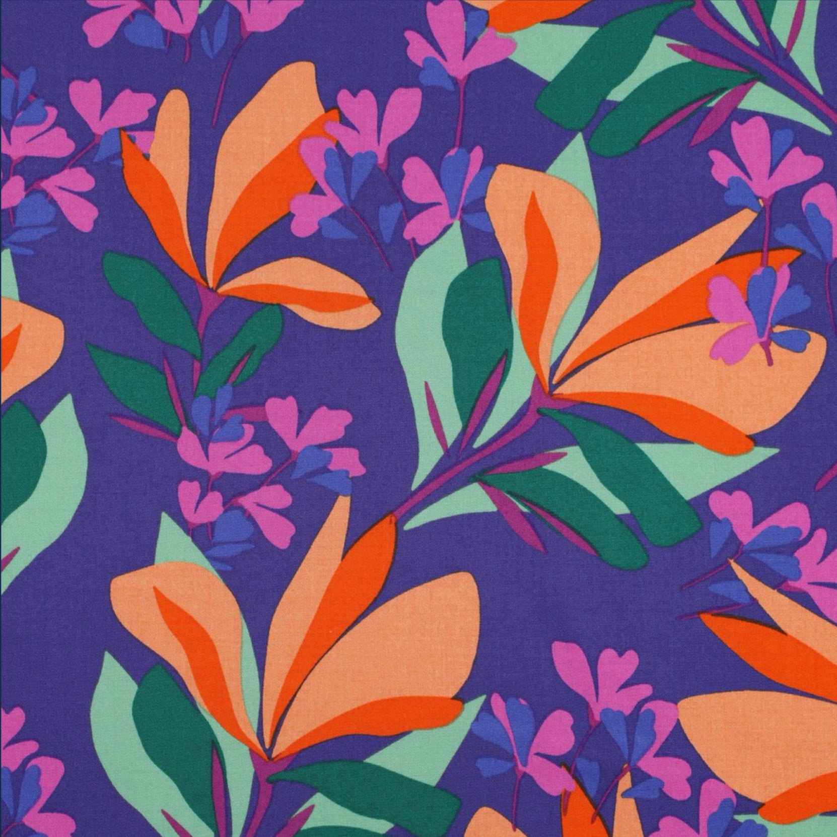 Nerida Hansen - Rosella Spring Garden on Cornflower Blue Stretch Viscose Twill Fabric