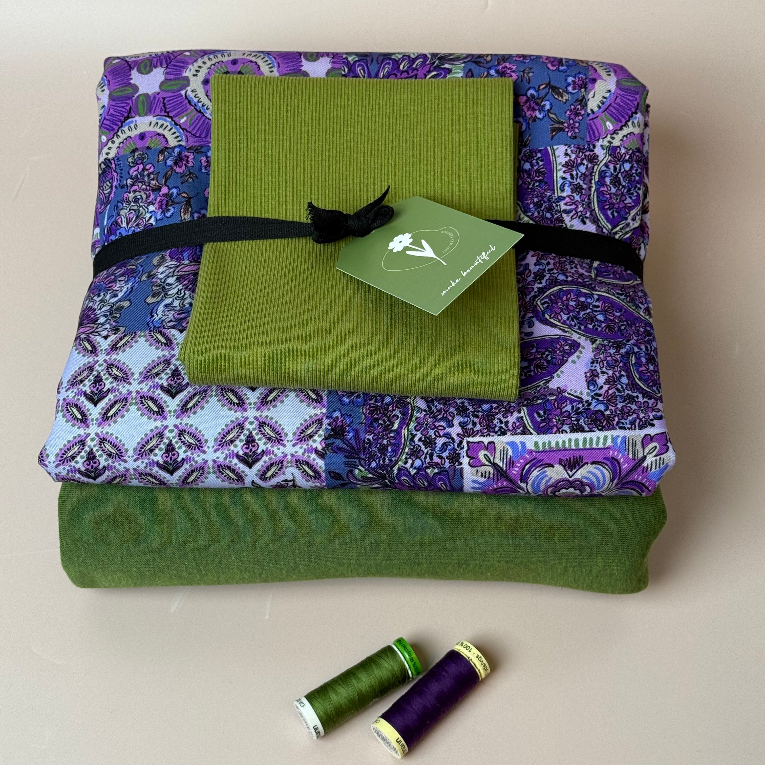 Make an Outfit Colour Bundle - Vintage Patchwork Viscose Twill in Purple & Sweatshirting with ribbing