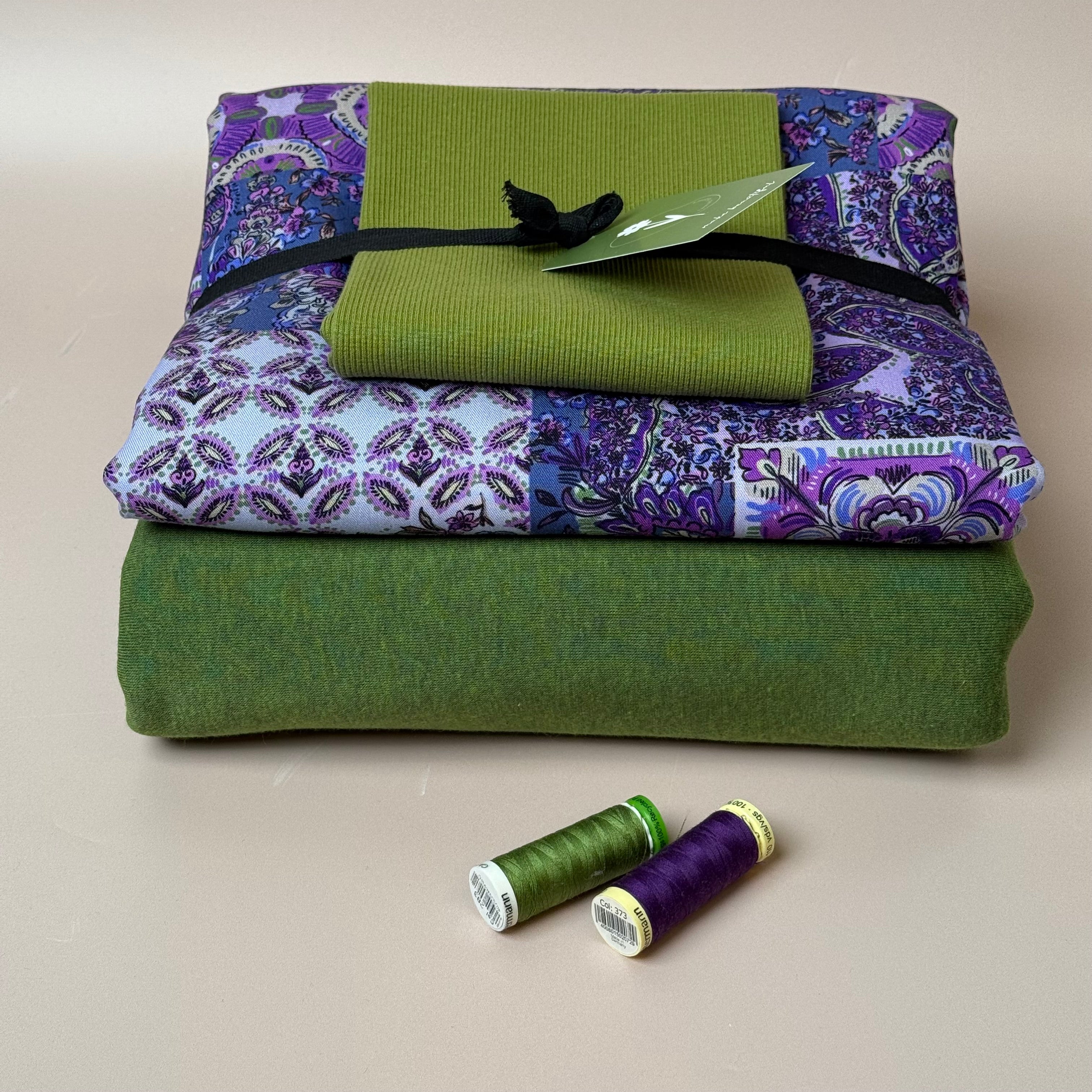 Make an Outfit Colour Bundle - Vintage Patchwork Viscose Twill in Purple & Sweatshirting with ribbing