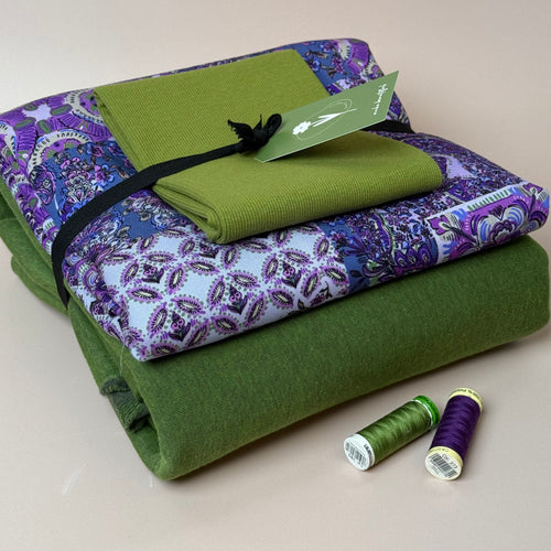 Make an Outfit Colour Bundle - Vintage Patchwork Viscose Twill in Purple & Sweatshirting with ribbing
