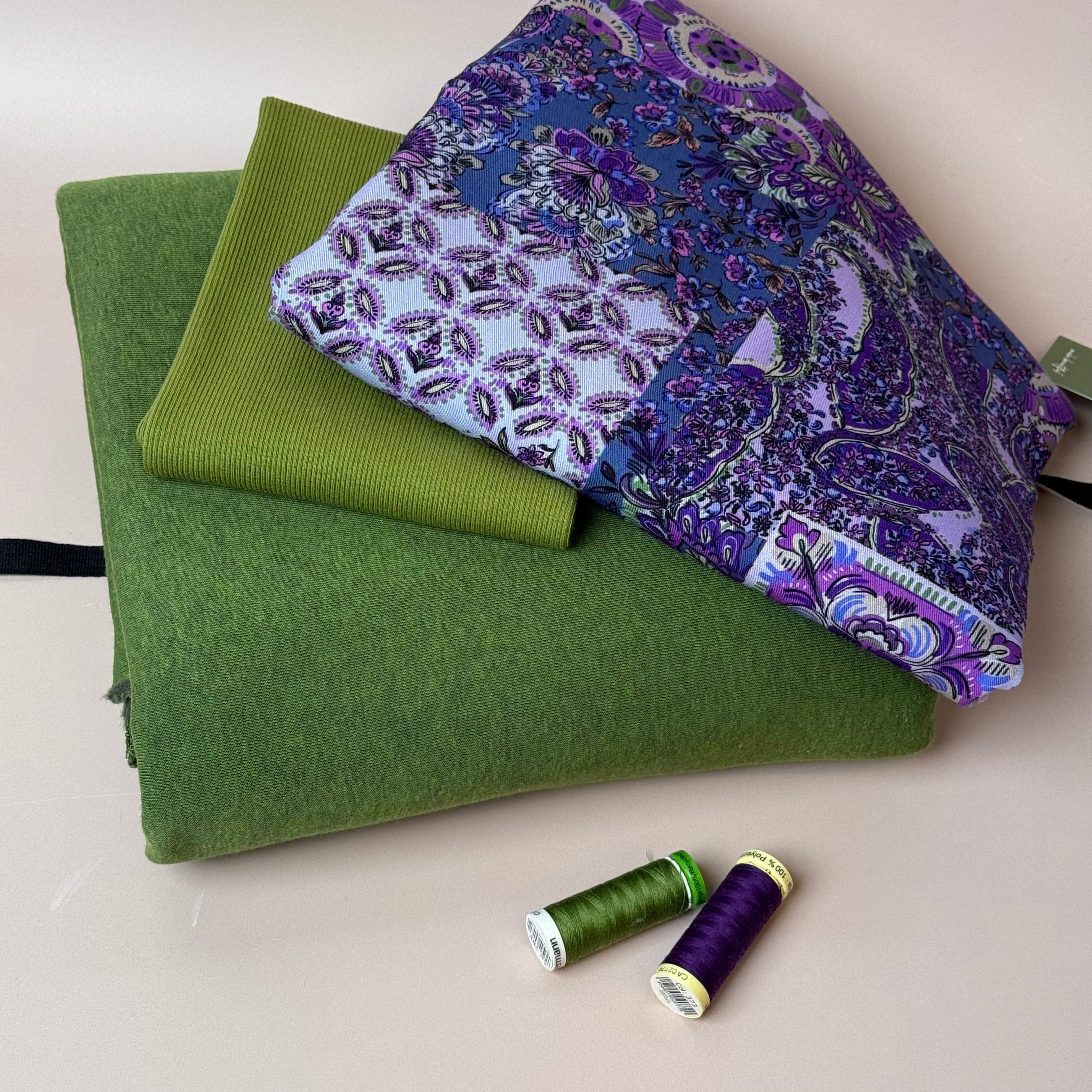 Make an Outfit Colour Bundle - Vintage Patchwork Viscose Twill in Purple & Sweatshirting with ribbing