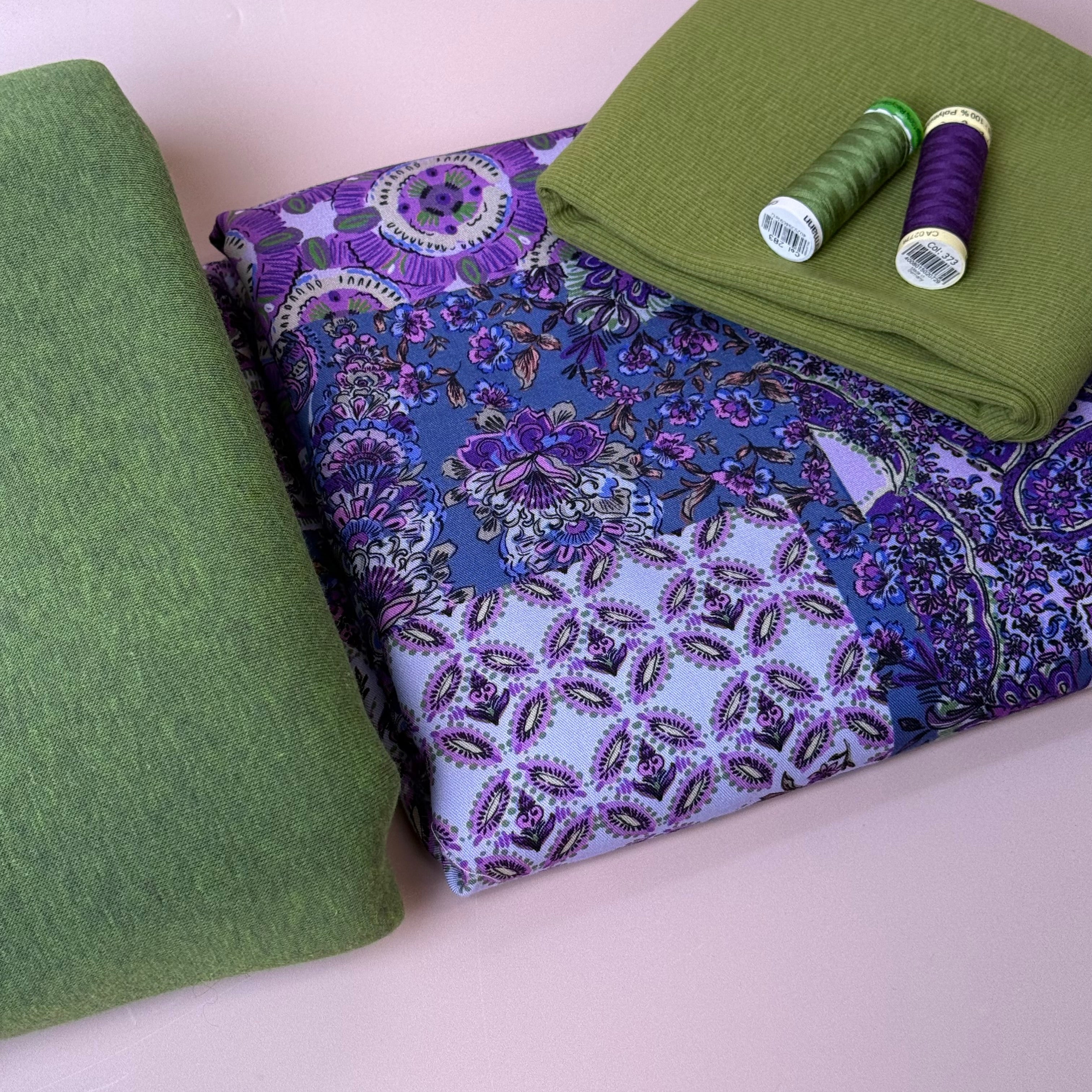 Make an Outfit Colour Bundle - Vintage Patchwork Viscose Twill in Purple & Sweatshirting with ribbing