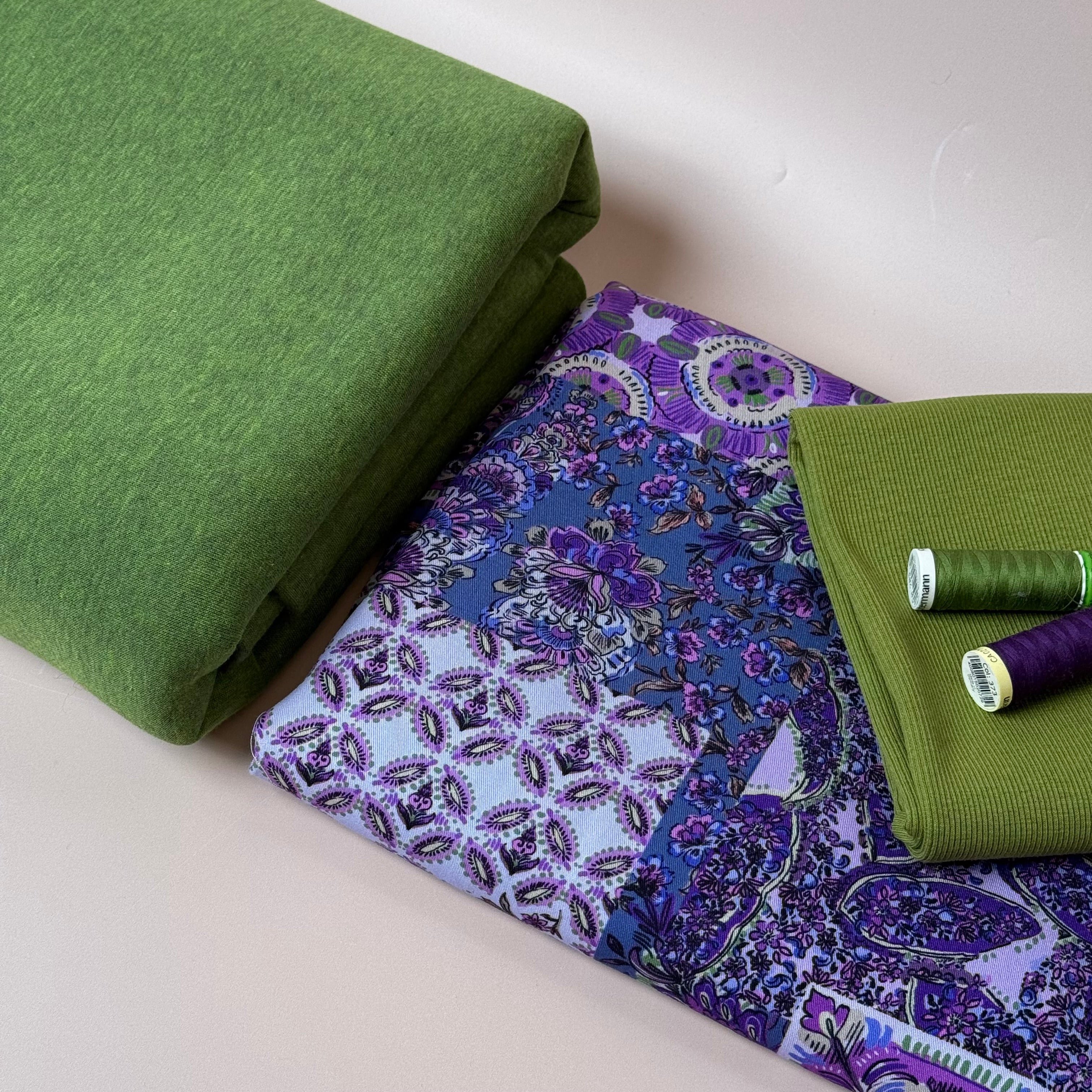 Make an Outfit Colour Bundle - Vintage Patchwork Viscose Twill in Purple & Sweatshirting with ribbing