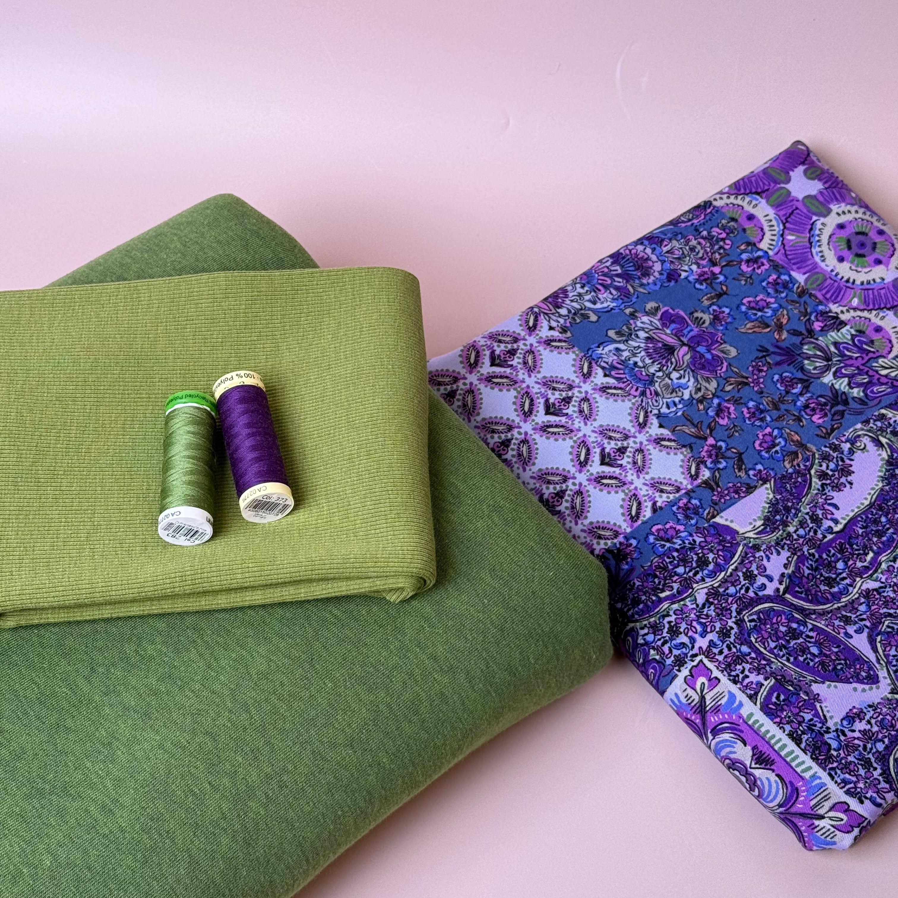 Make an Outfit Colour Bundle - Vintage Patchwork Viscose Twill in Purple & Sweatshirting with ribbing