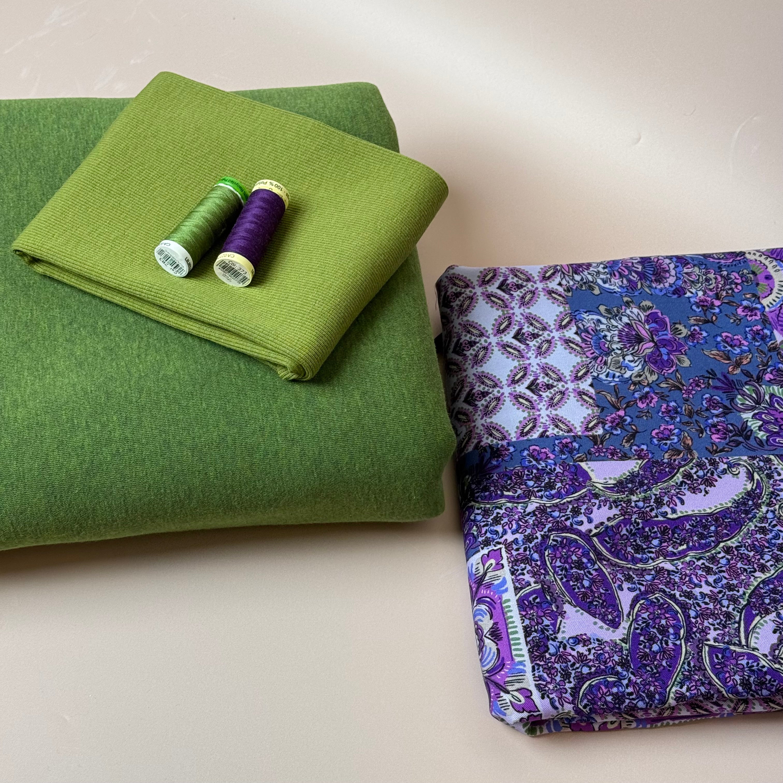 Make an Outfit Colour Bundle - Vintage Patchwork Viscose Twill in Purple & Sweatshirting with ribbing
