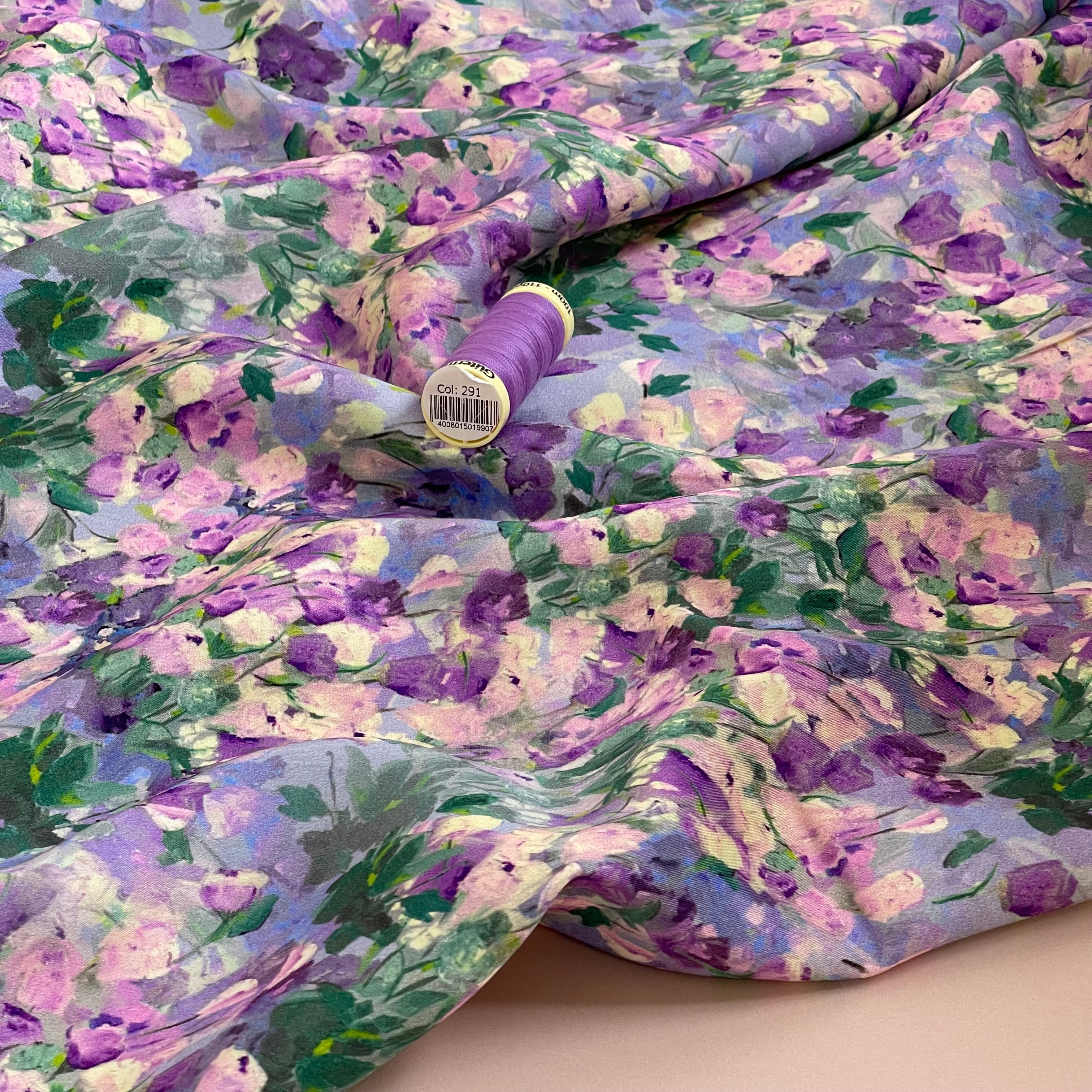 Lilac Tulips Viscose Sateen Fabric