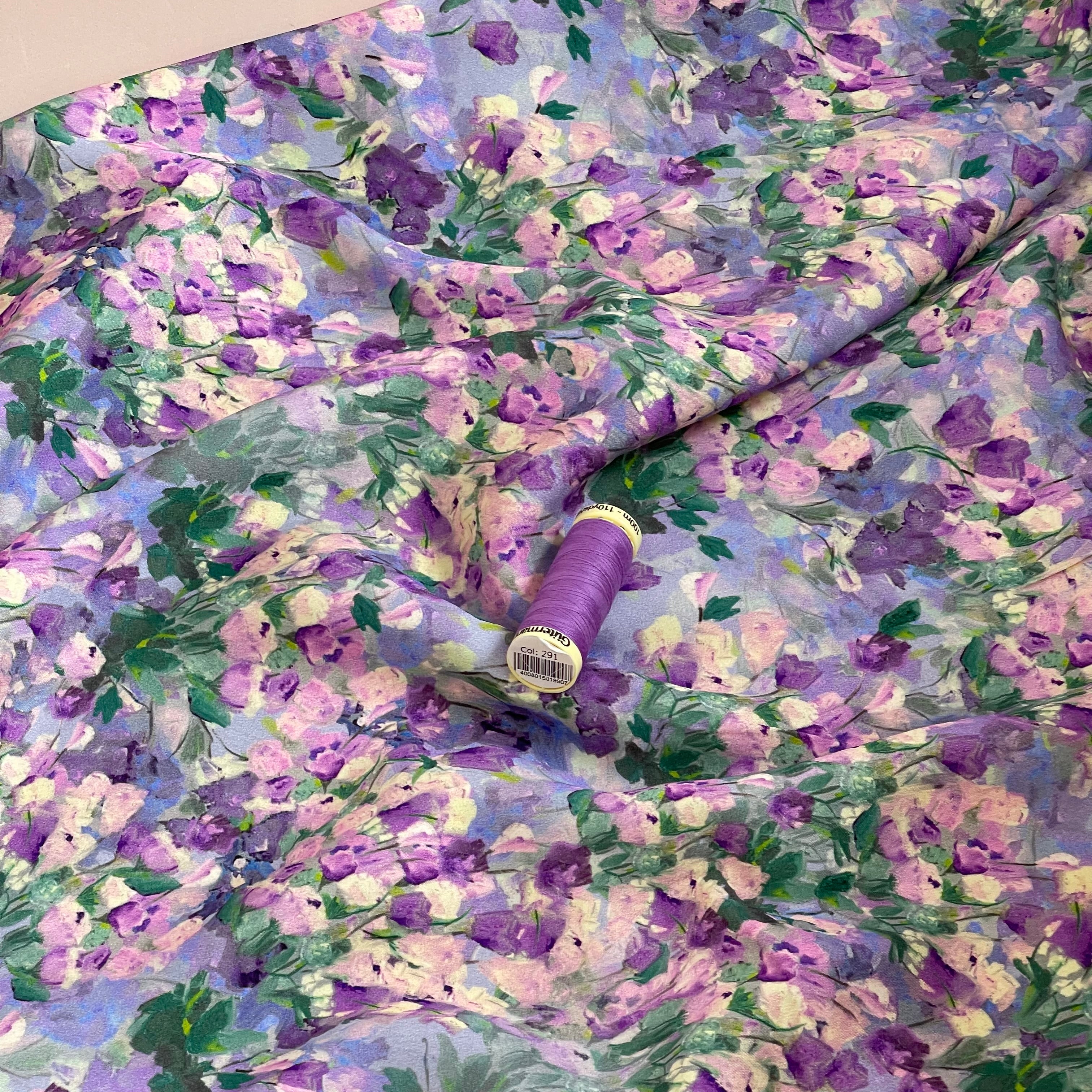 Lilac Tulips Viscose Sateen Fabric