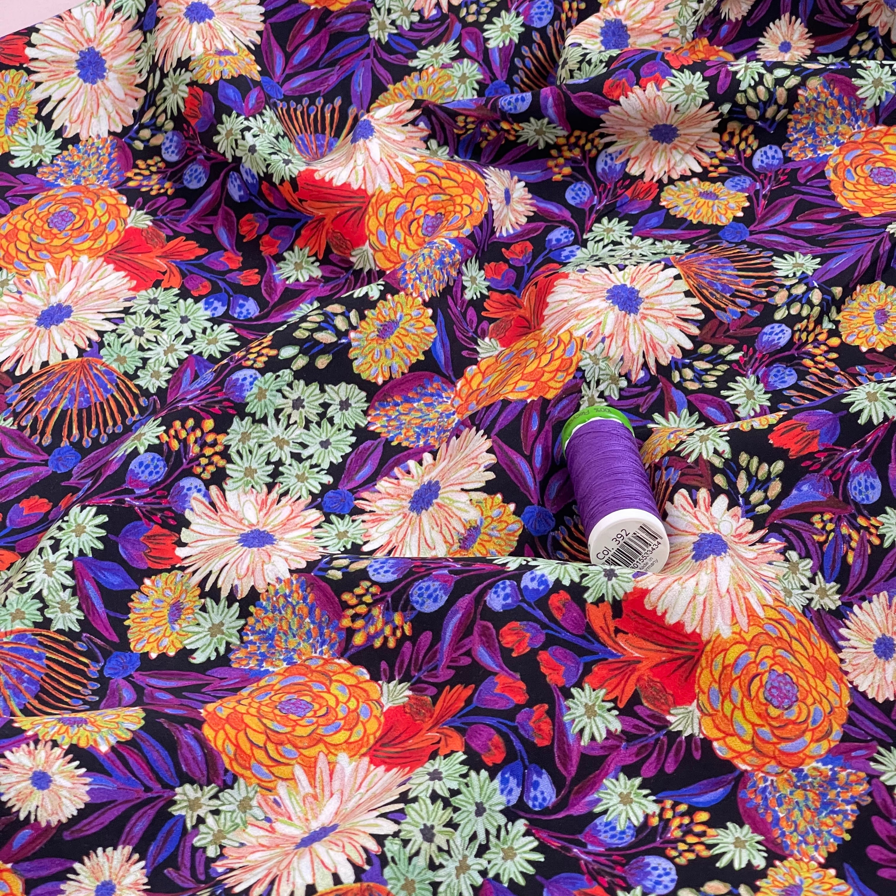 Sketched Flower Field LENZING™ ECOVERO™ Viscose Fabric