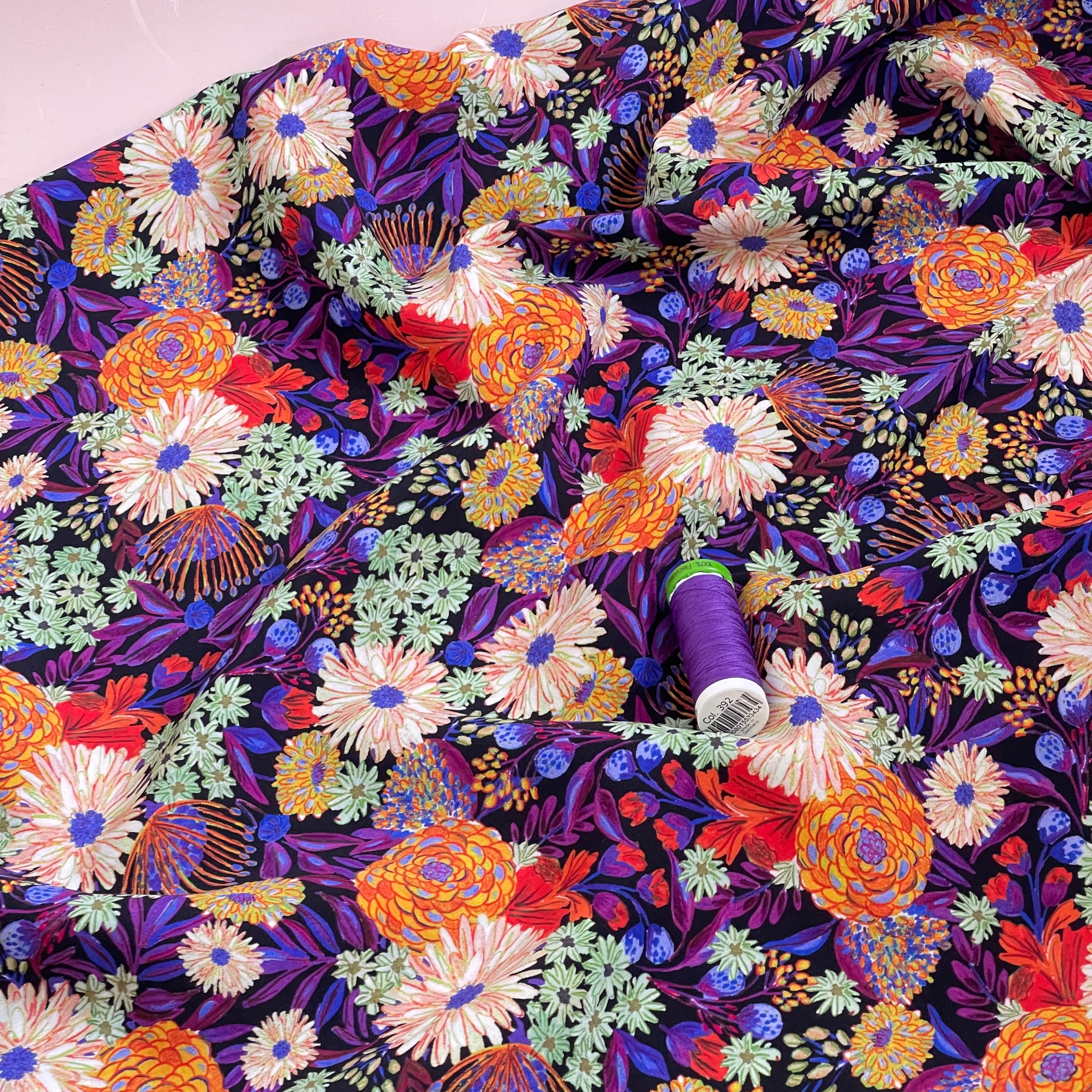 Sketched Flower Field LENZING™ ECOVERO™ Viscose Fabric