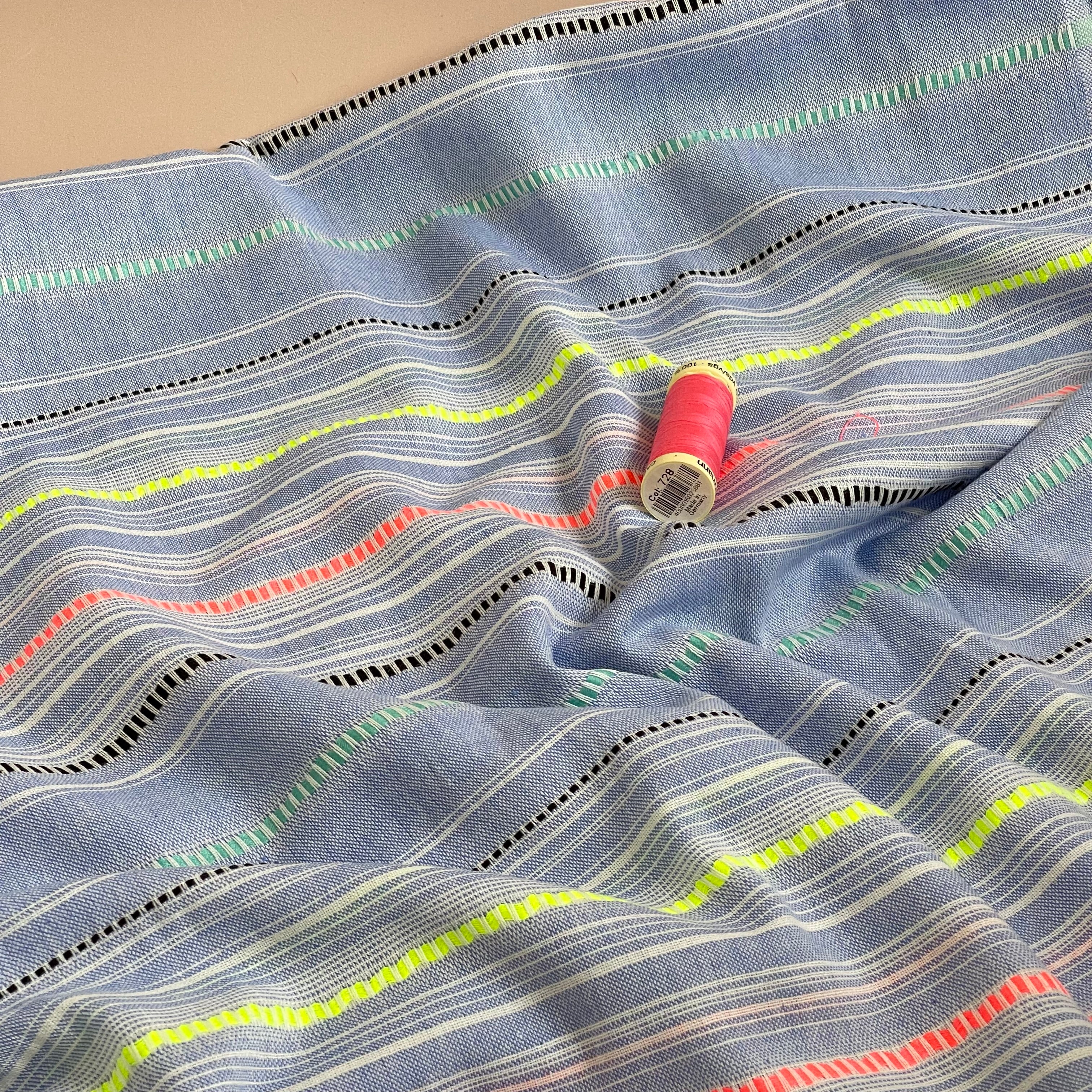 Yarn Dyed Embroidered Neon Stripes on Blue Cotton Fabric