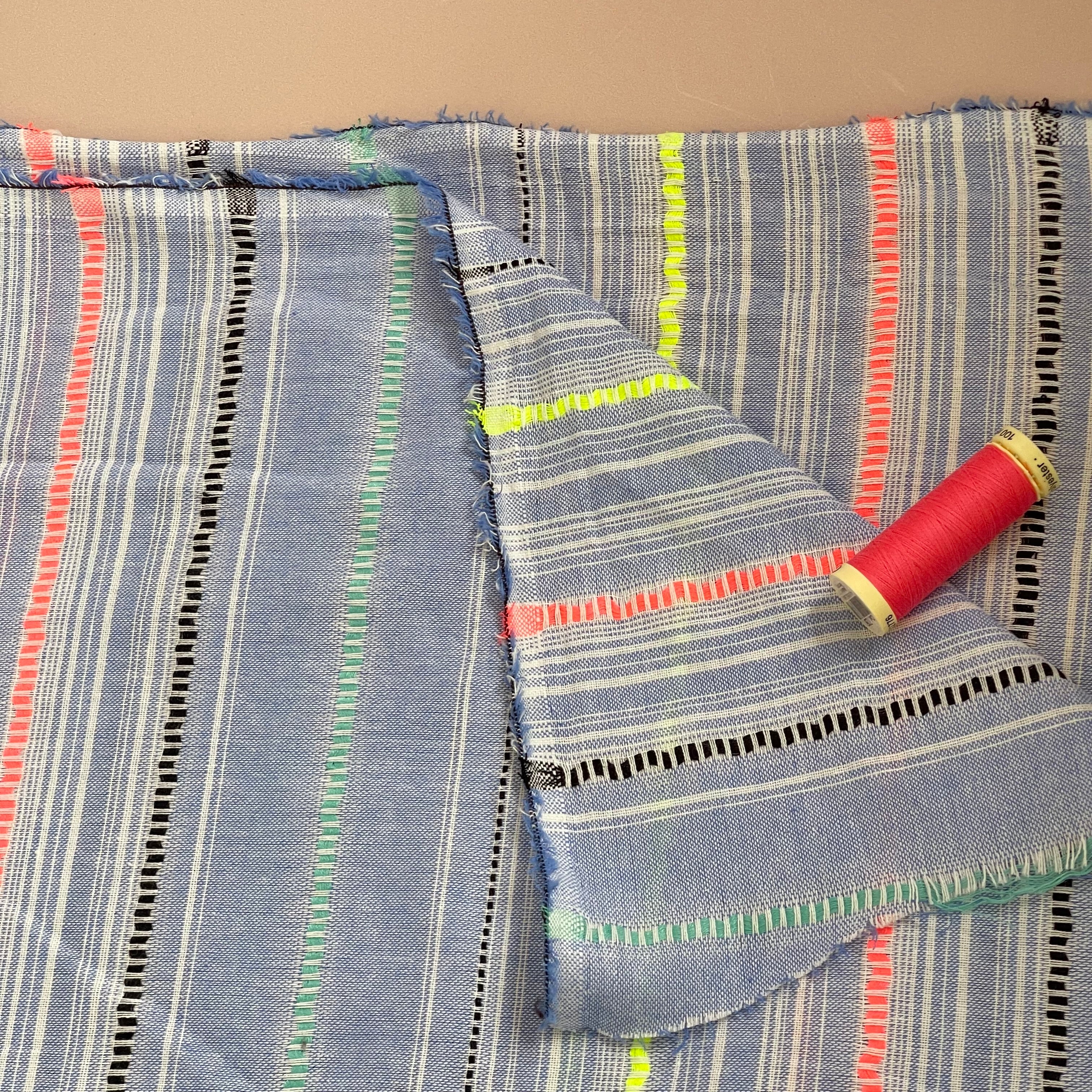 Yarn Dyed Embroidered Neon Stripes on Blue Cotton Fabric