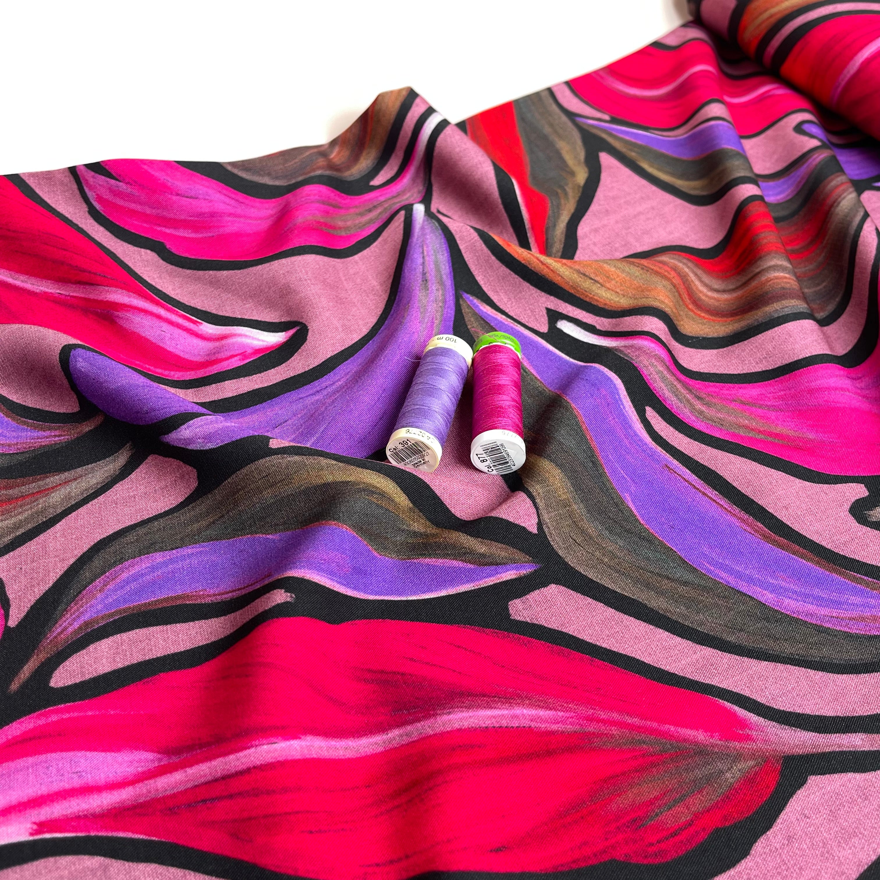 Magenta Leaves Viscose Twill Fabric