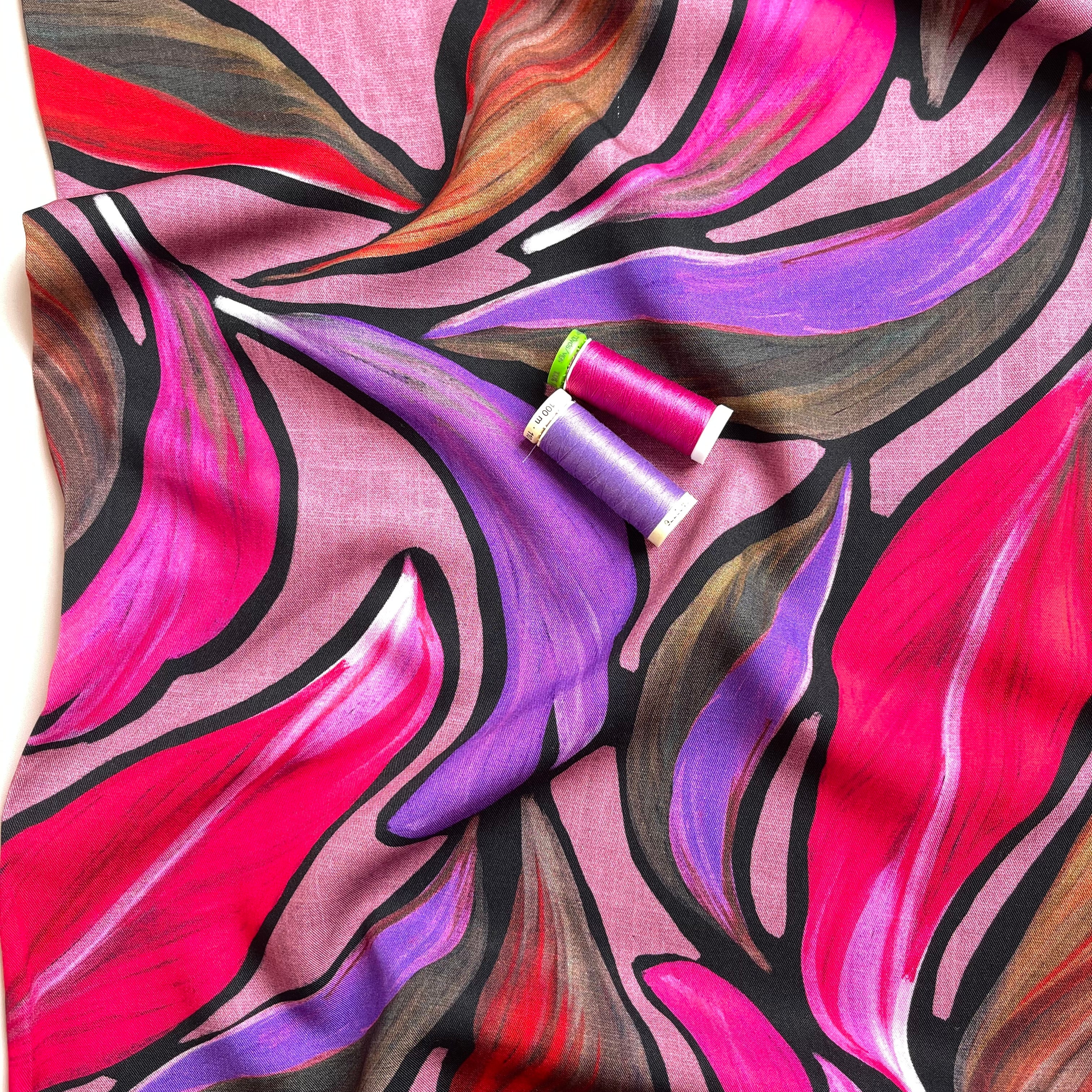 Magenta Leaves Viscose Twill Fabric