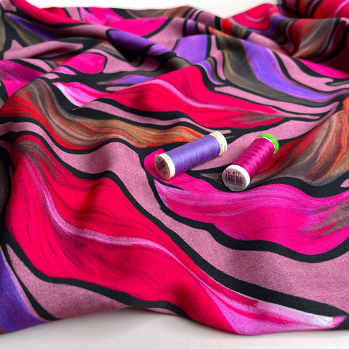 Magenta Leaves Viscose Twill Fabric