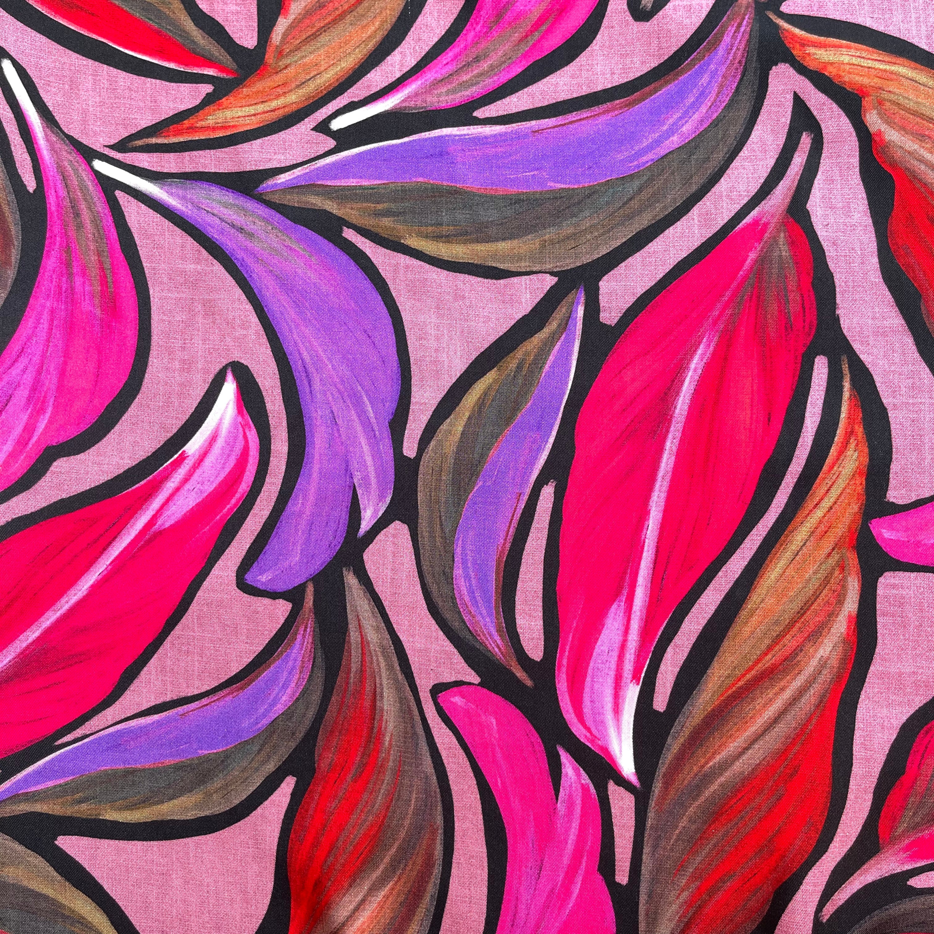 Magenta Leaves Viscose Twill Fabric