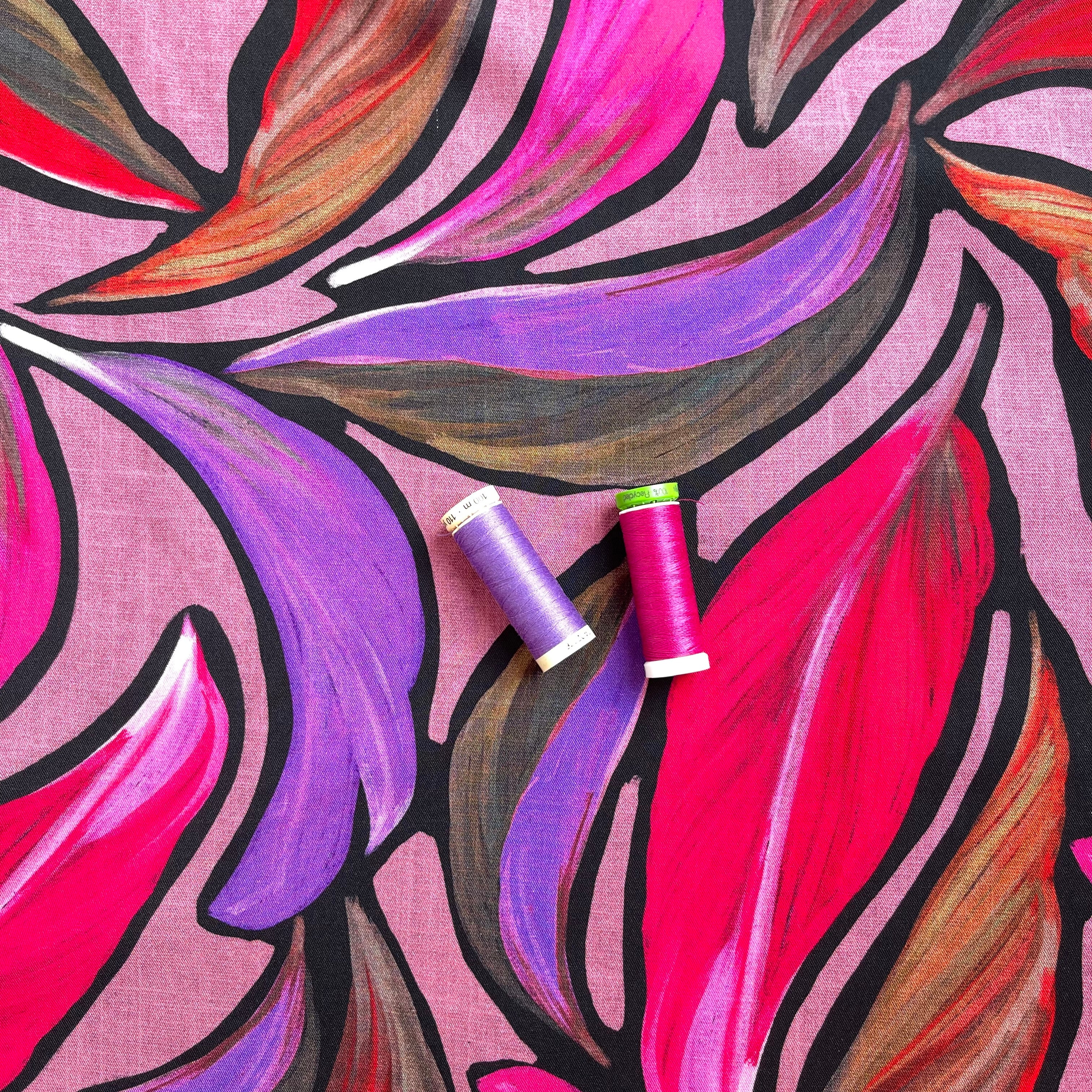 Magenta Leaves Viscose Twill Fabric