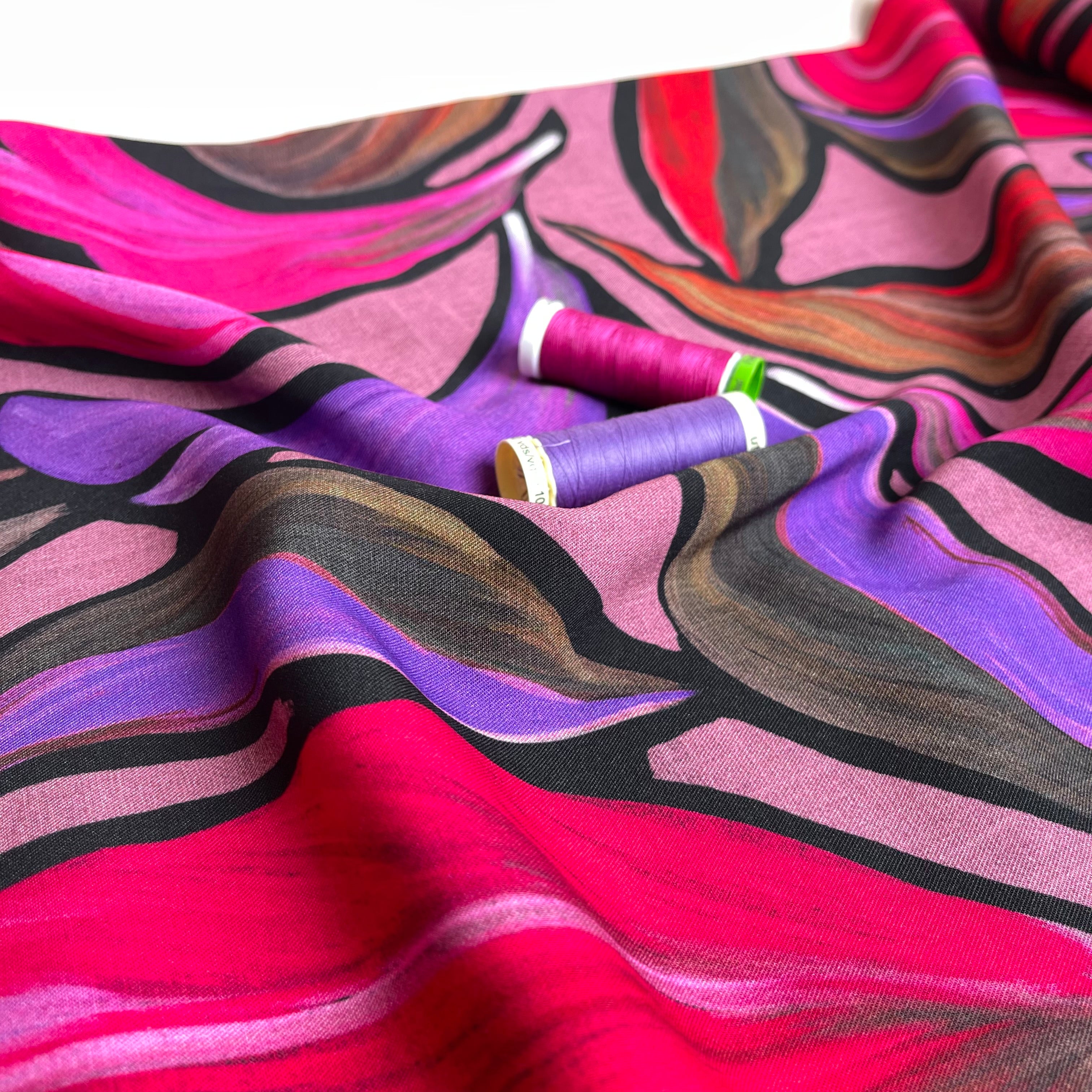 Magenta Leaves Viscose Twill Fabric