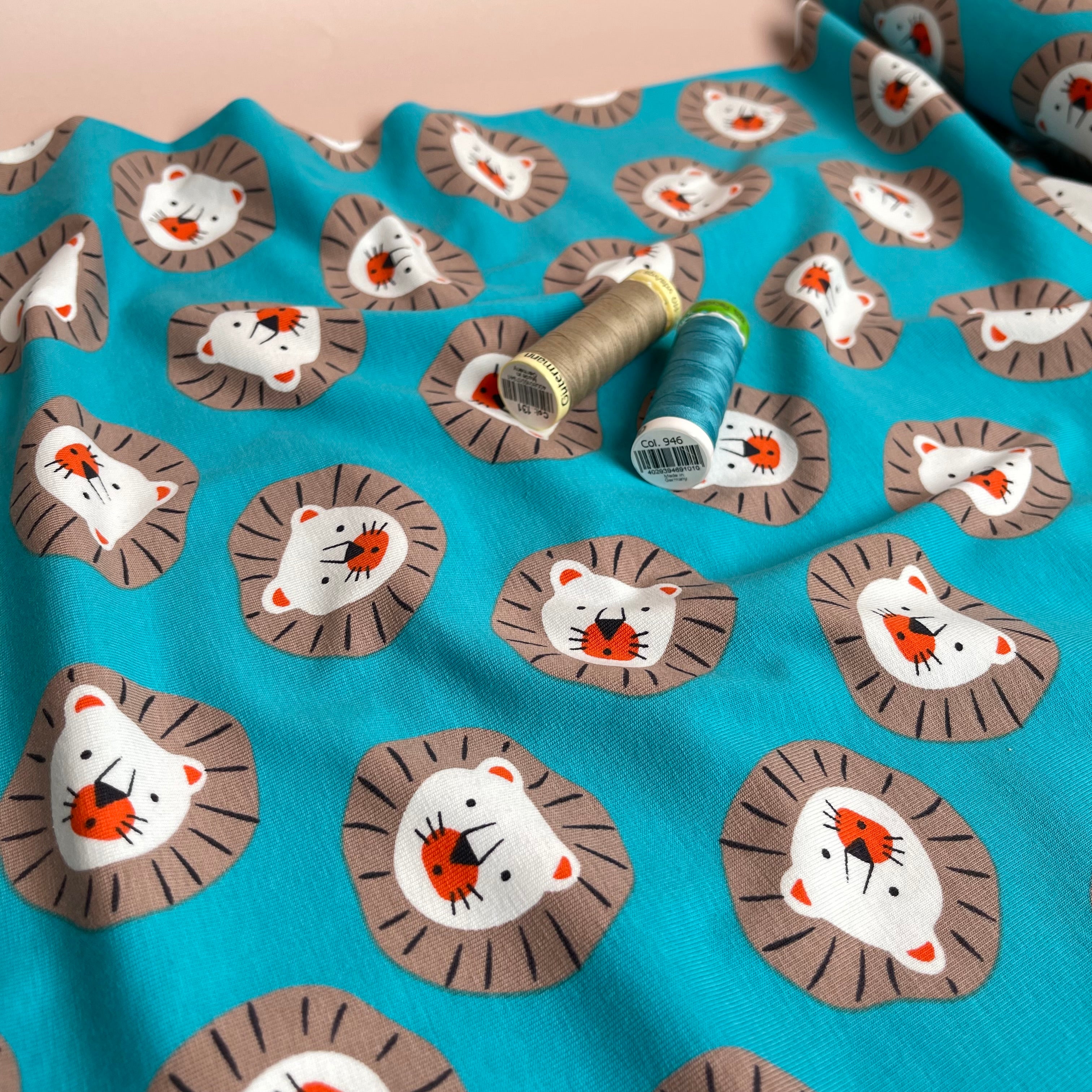 Cute Lions Turquoise Cotton Jersey Fabric