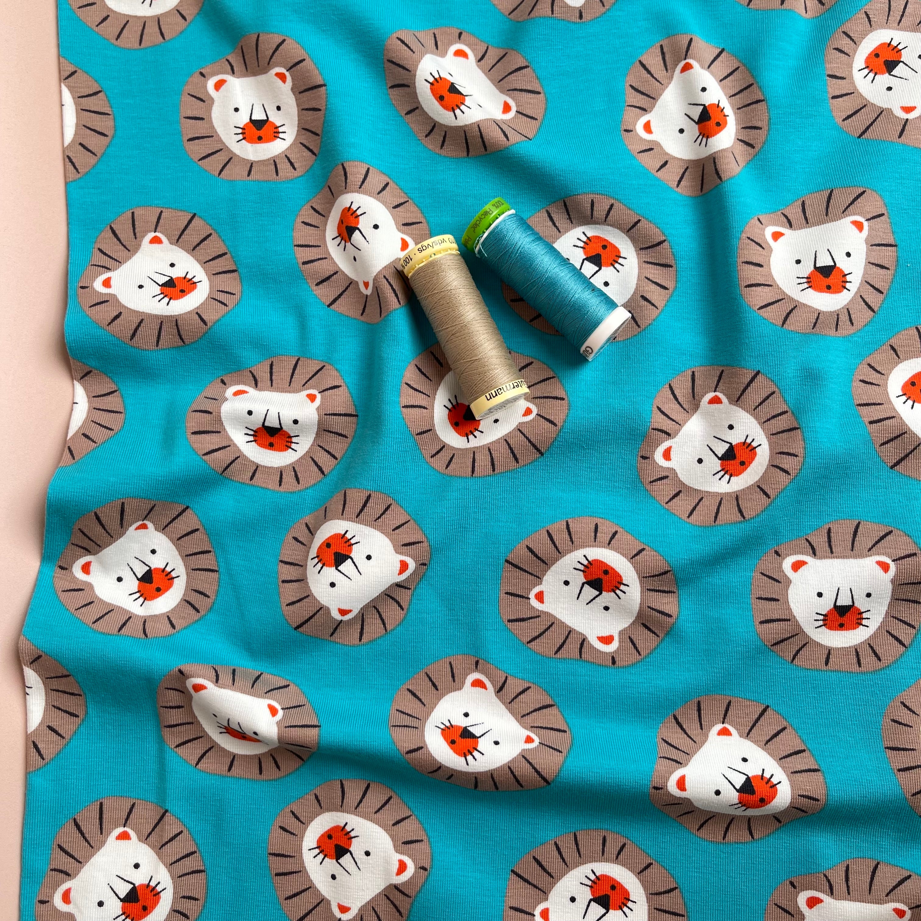 Cute Lions Turquoise Cotton Jersey Fabric