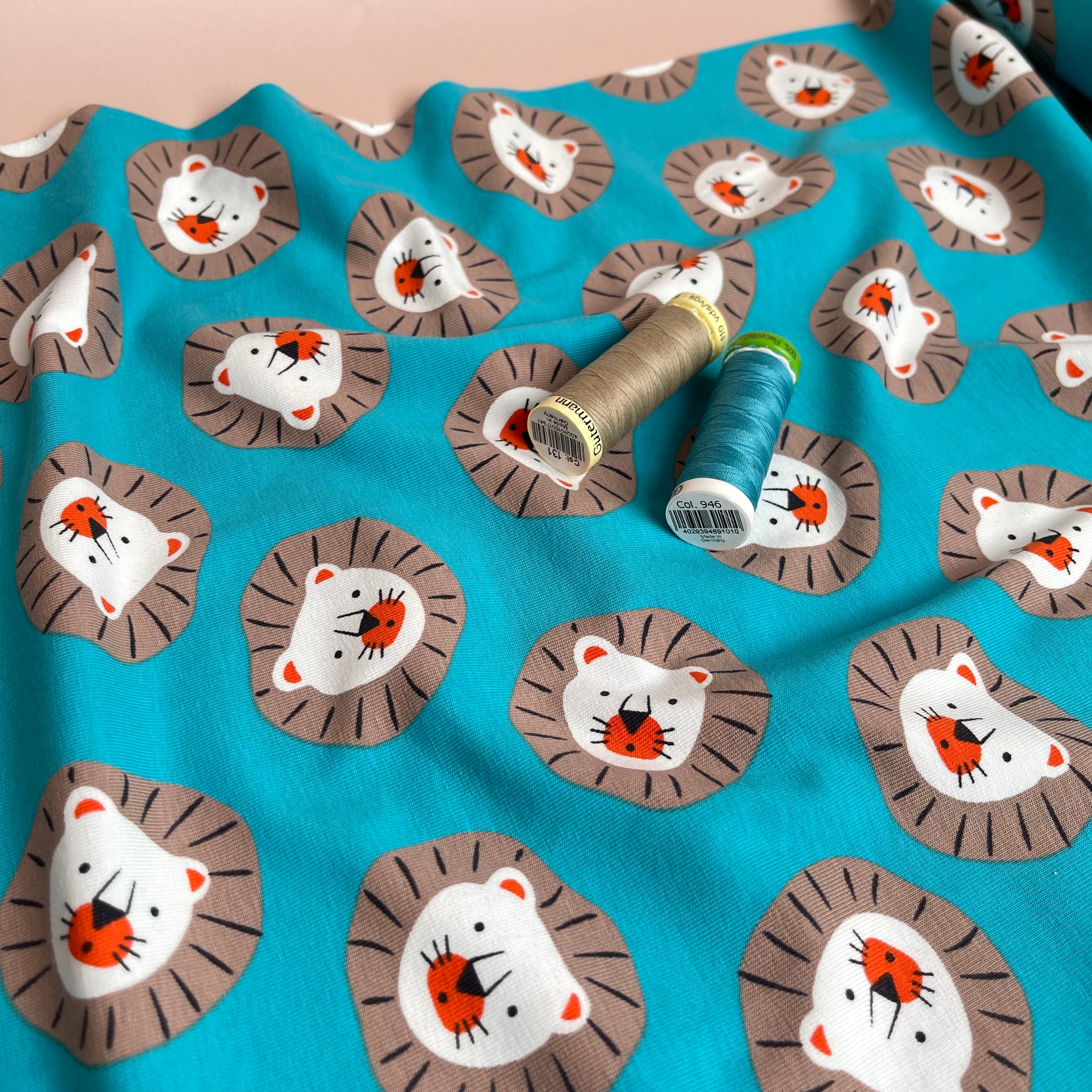 Cute Lions Turquoise Cotton Jersey Fabric