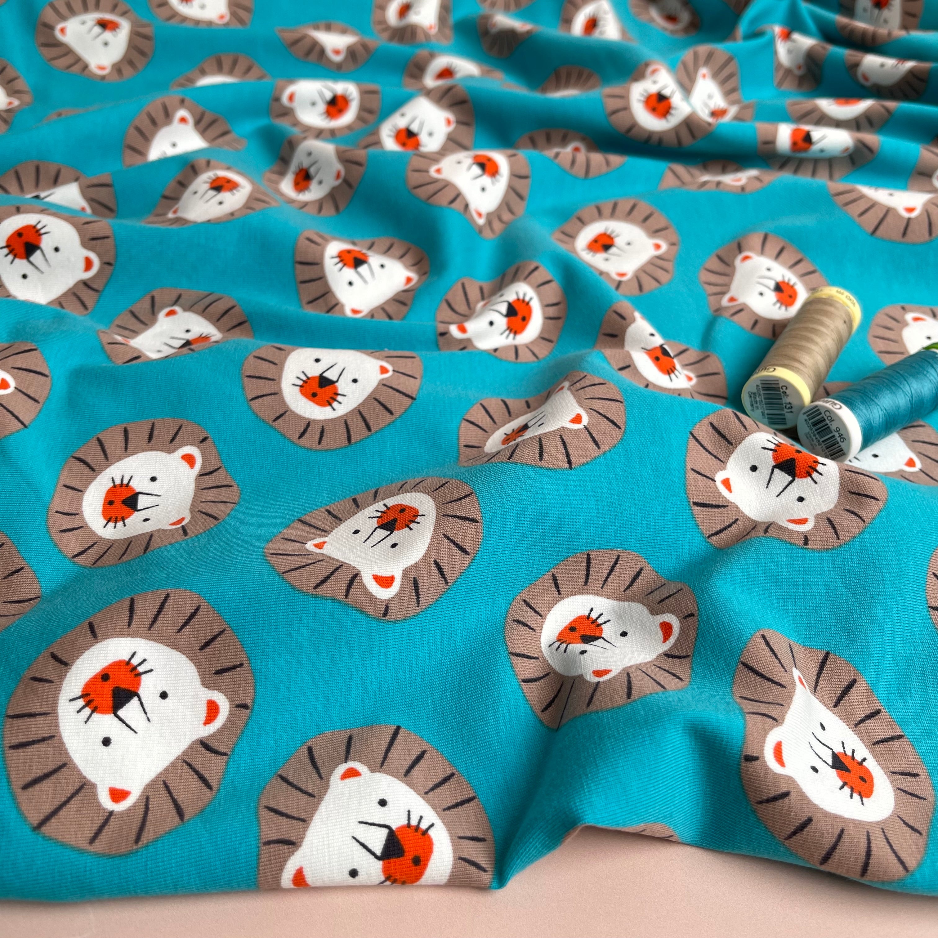 Cute Lions Turquoise Cotton Jersey Fabric