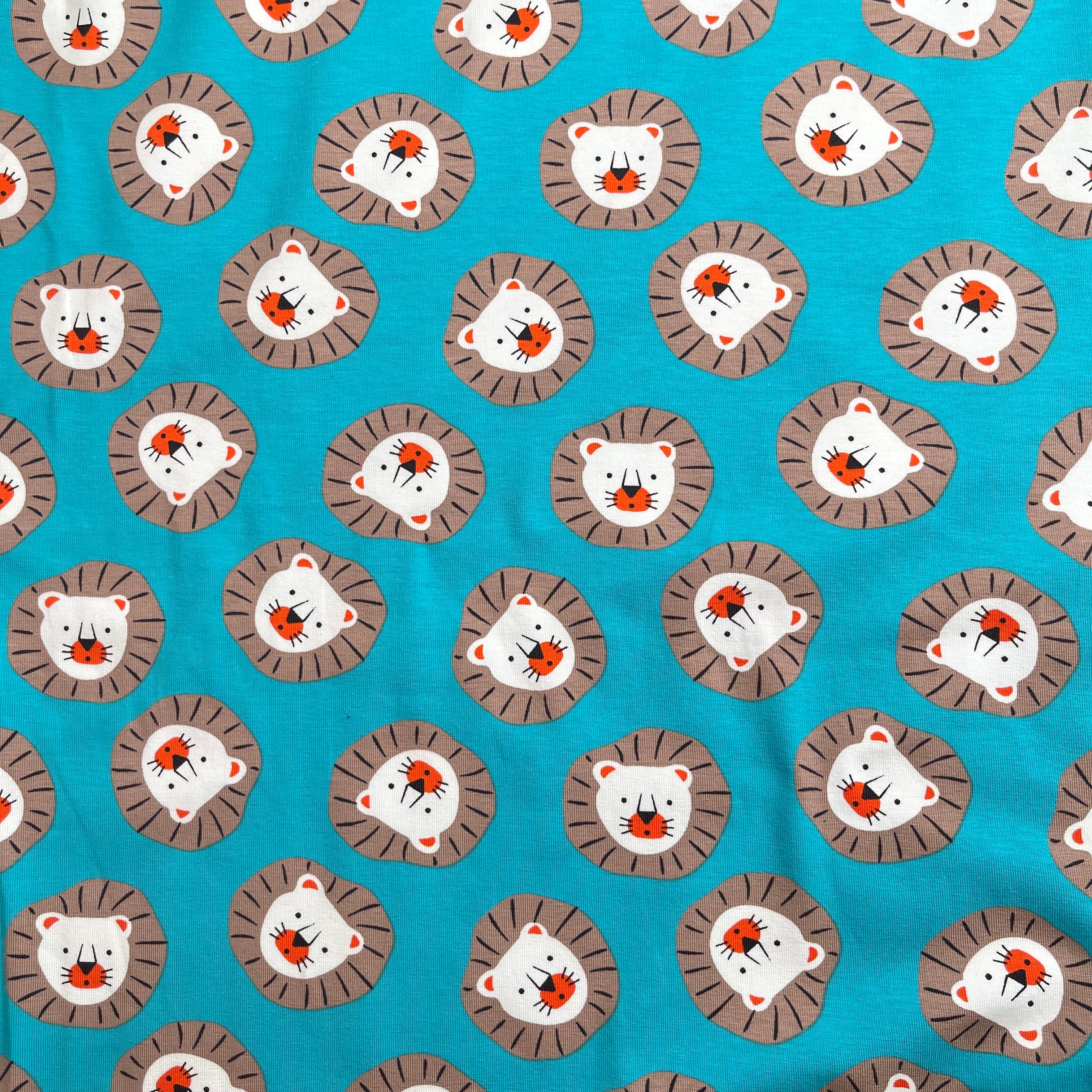 Cute Lions Turquoise Cotton Jersey Fabric