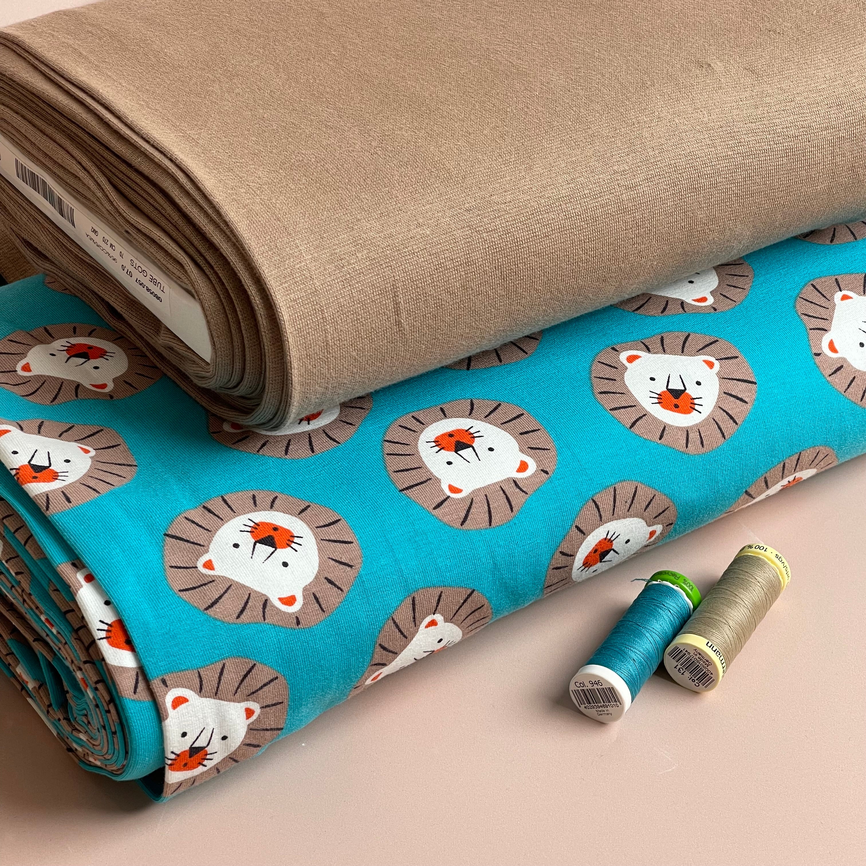 Cute Lions Turquoise Cotton Jersey Fabric