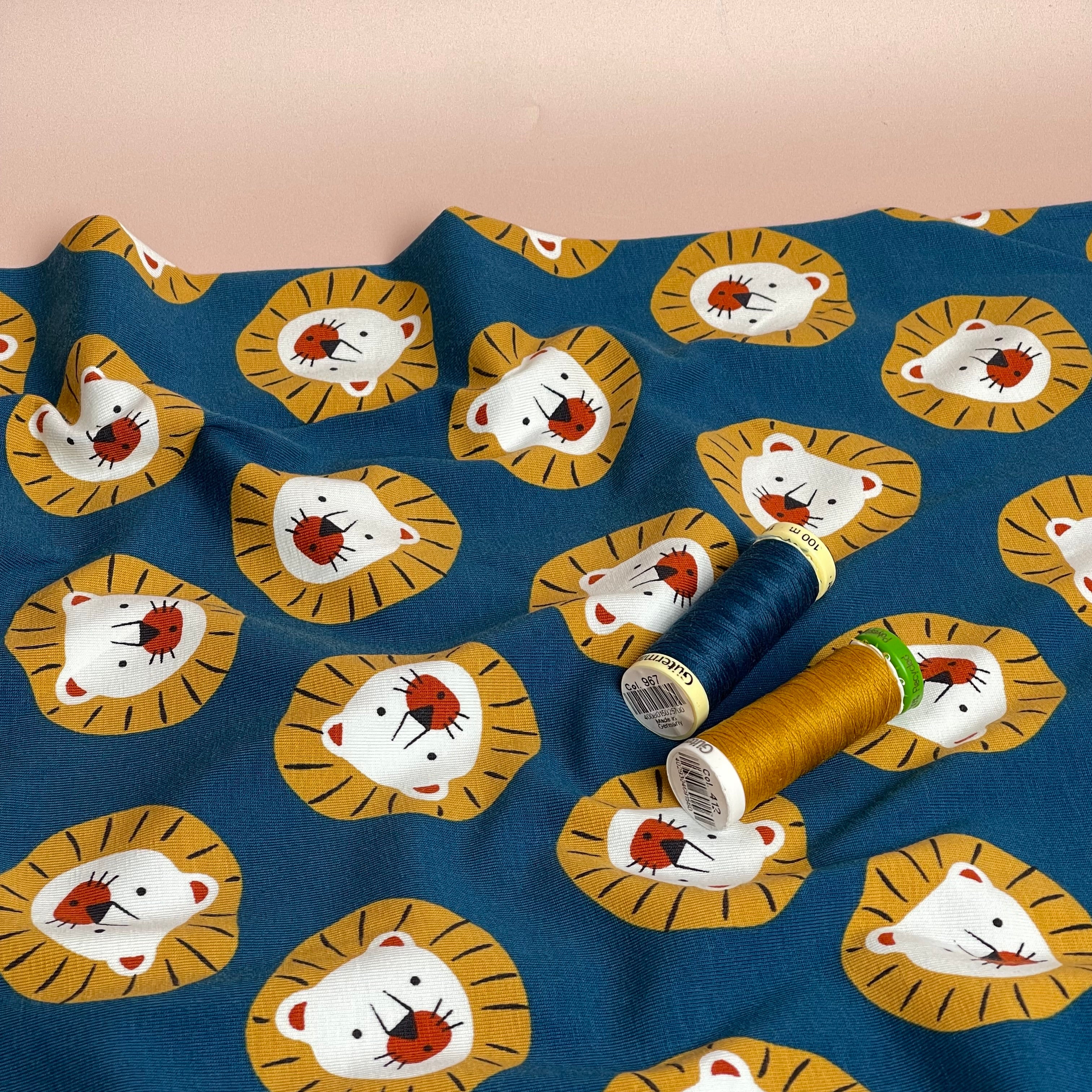 Cute Lions Oxford Blue Cotton Jersey Fabric