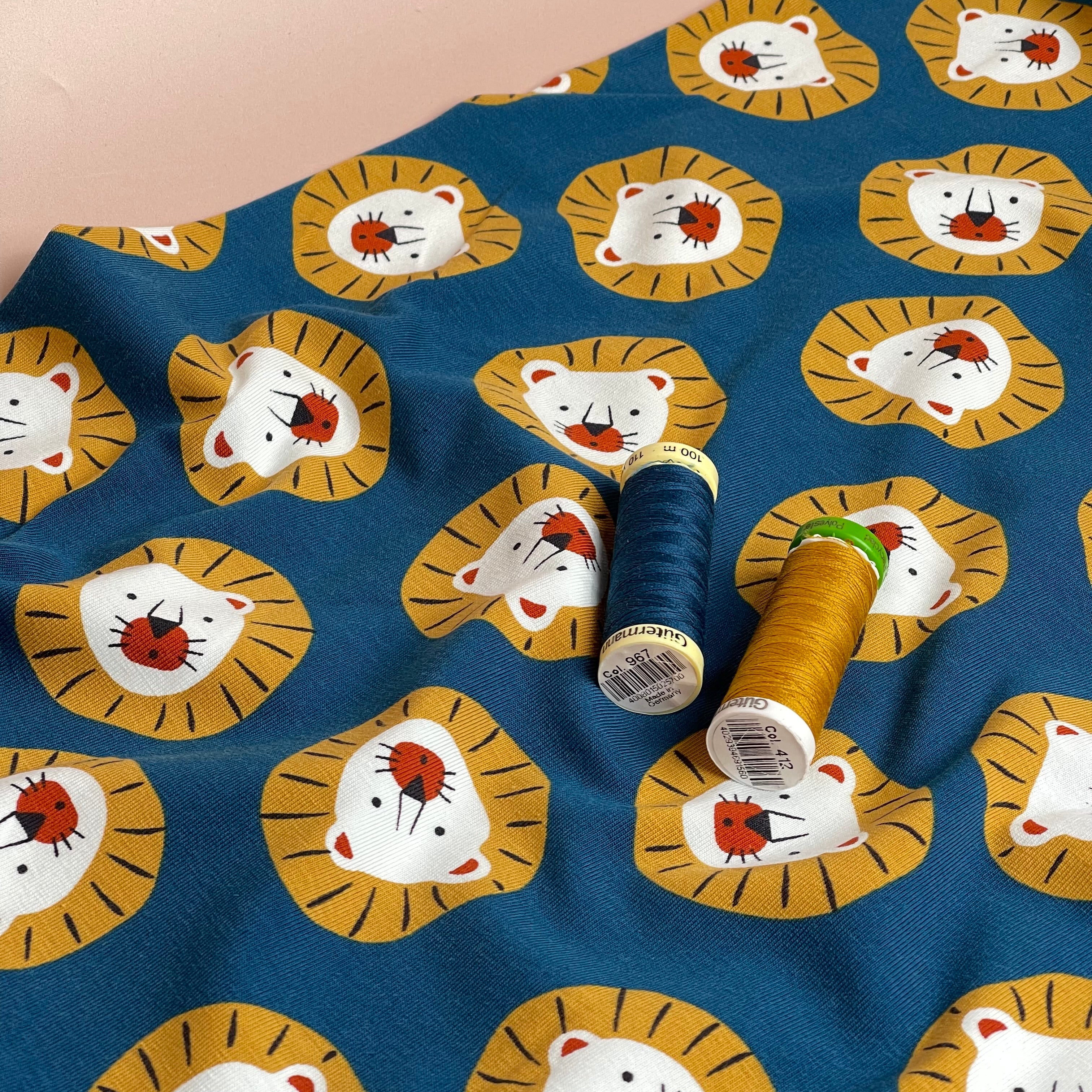 Cute Lions Oxford Blue Cotton Jersey Fabric