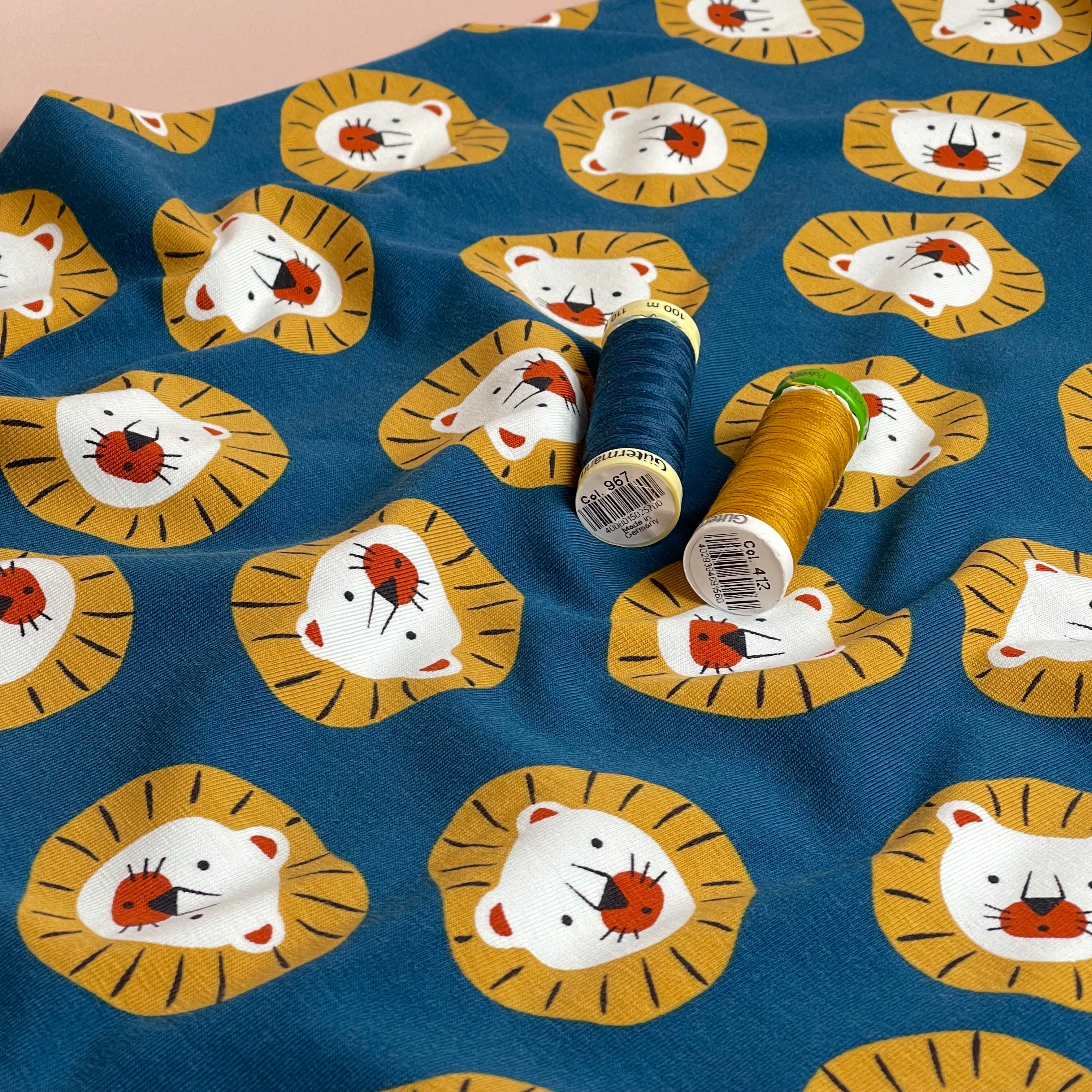 Cute Lions Oxford Blue Cotton Jersey Fabric