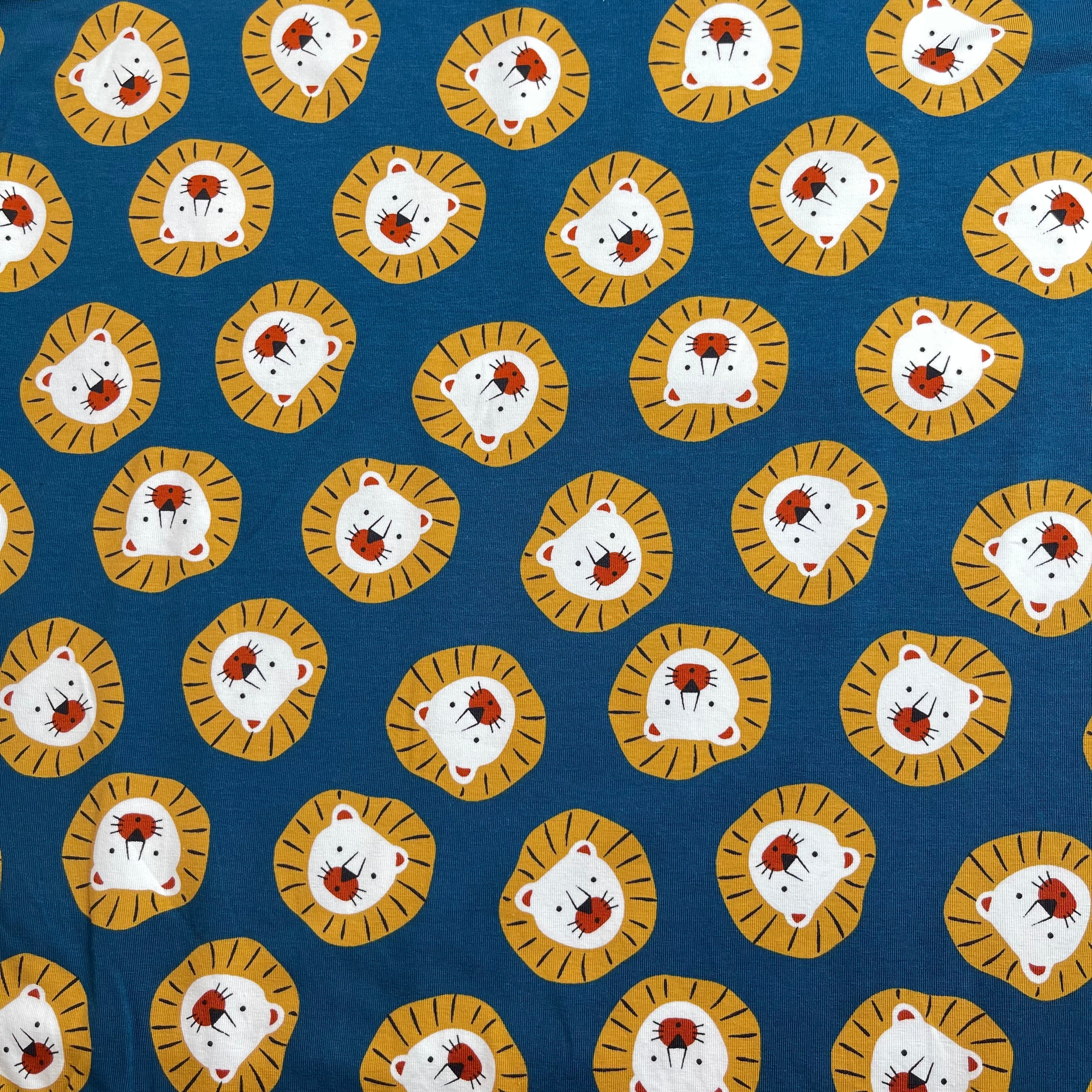 Cute Lions Oxford Blue Cotton Jersey Fabric