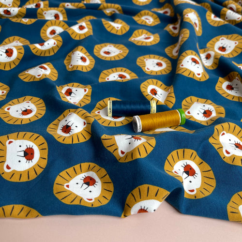 Cute Lions Oxford Blue Cotton Jersey Fabric