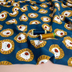 Cute Lions Oxford Blue Cotton Jersey Fabric