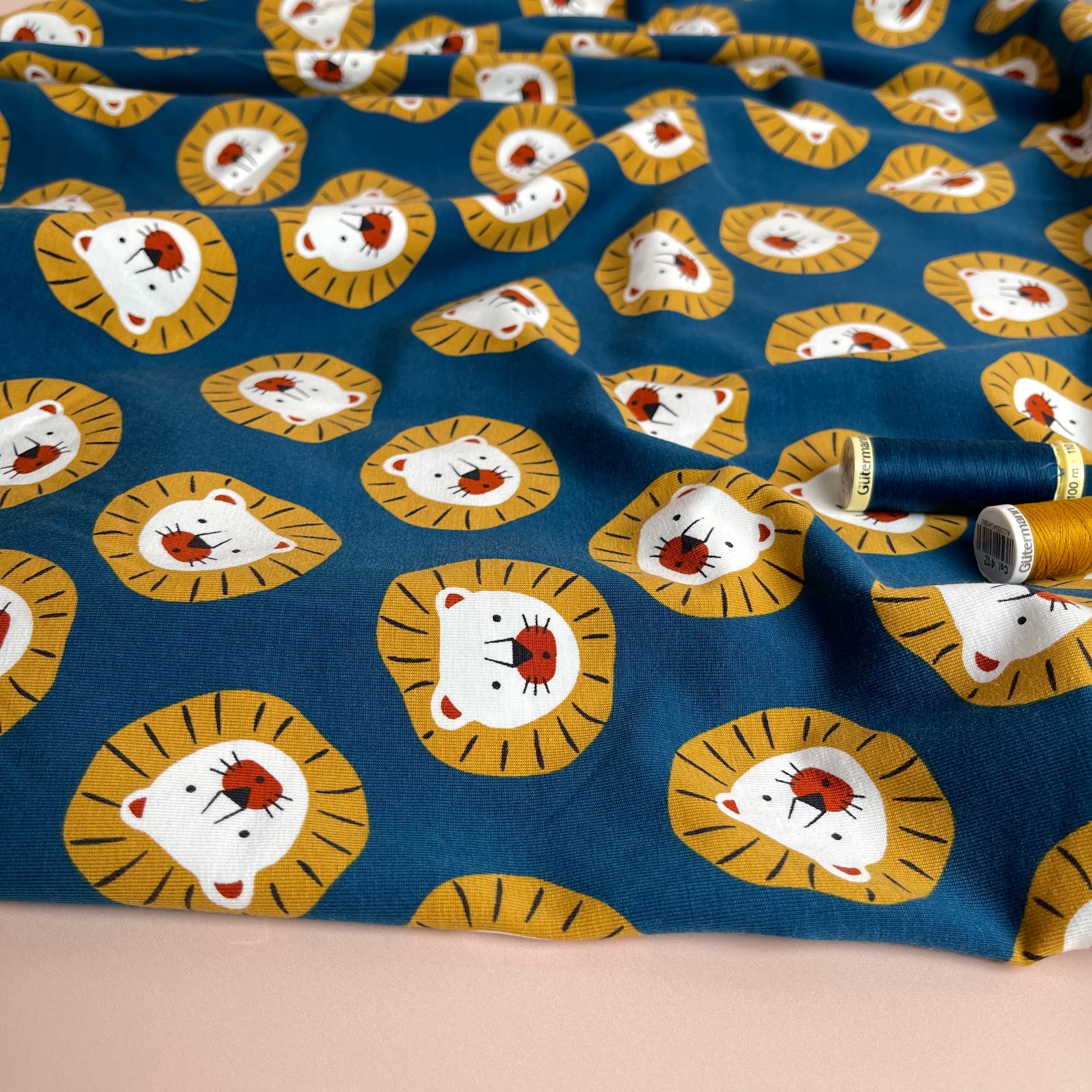 Cute Lions Oxford Blue Cotton Jersey Fabric