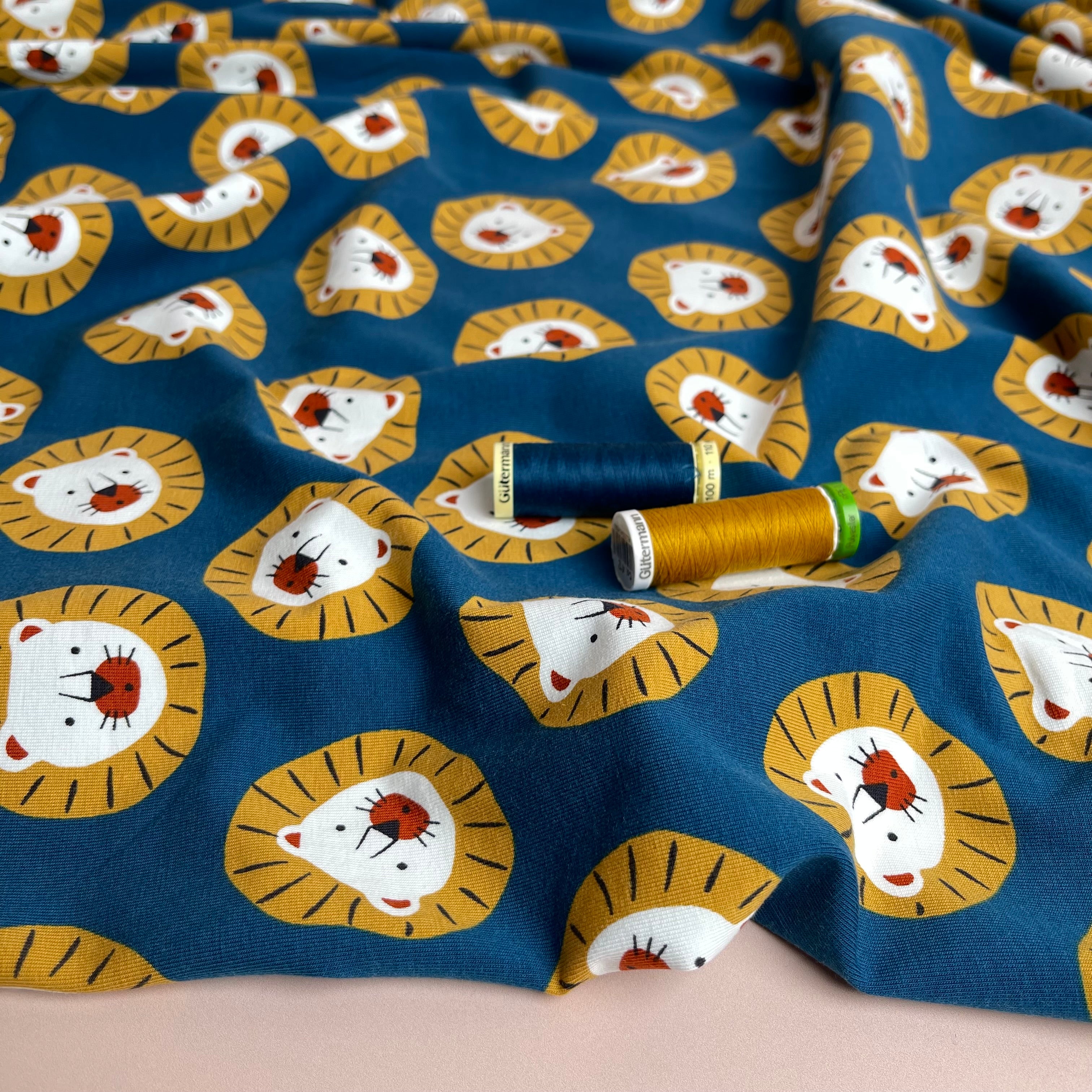 Cute Lions Oxford Blue Cotton Jersey Fabric