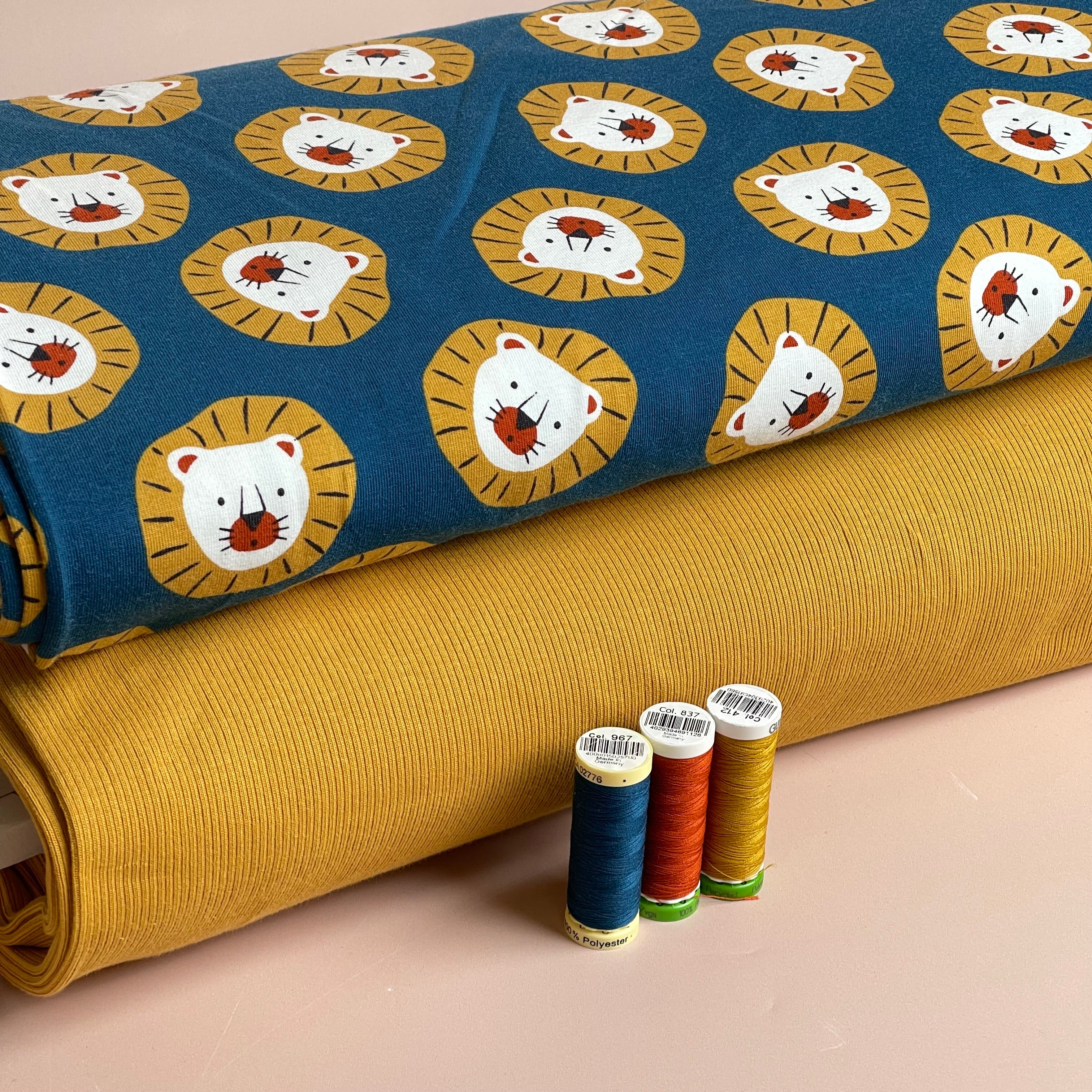 Cute Lions Oxford Blue Cotton Jersey Fabric