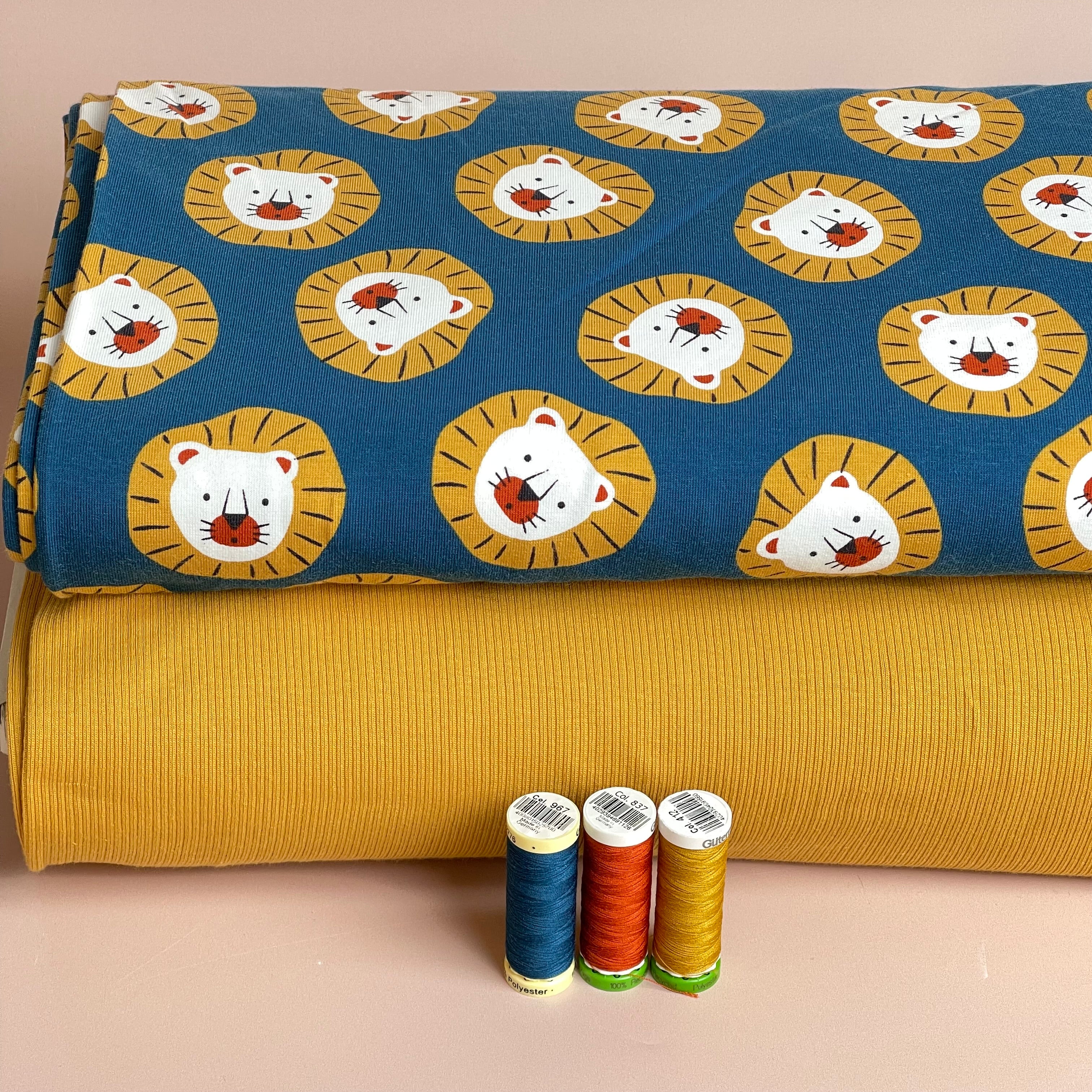 Cute Lions Oxford Blue Cotton Jersey Fabric