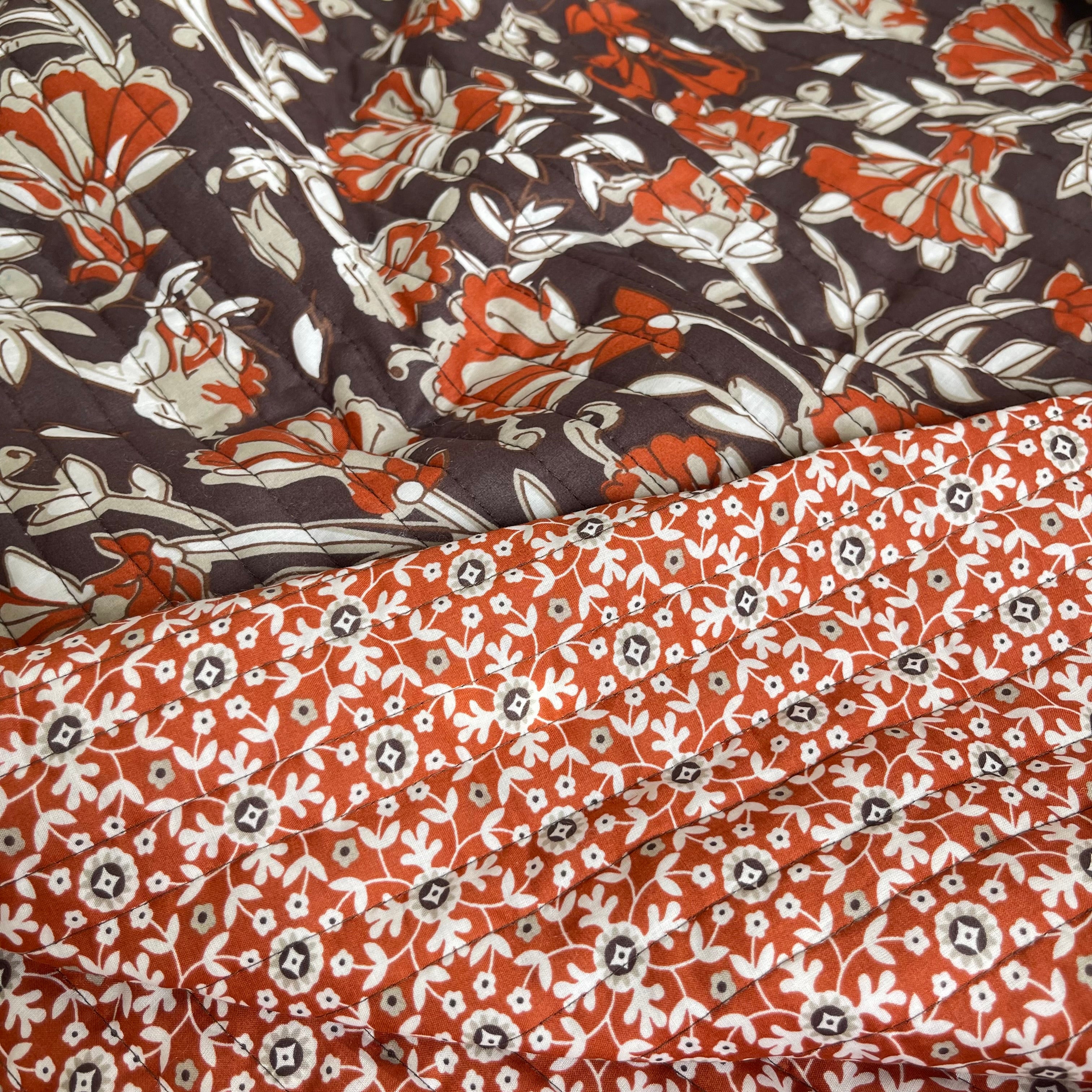 Rust Flowers on Beige Quilted Cotton Fabric