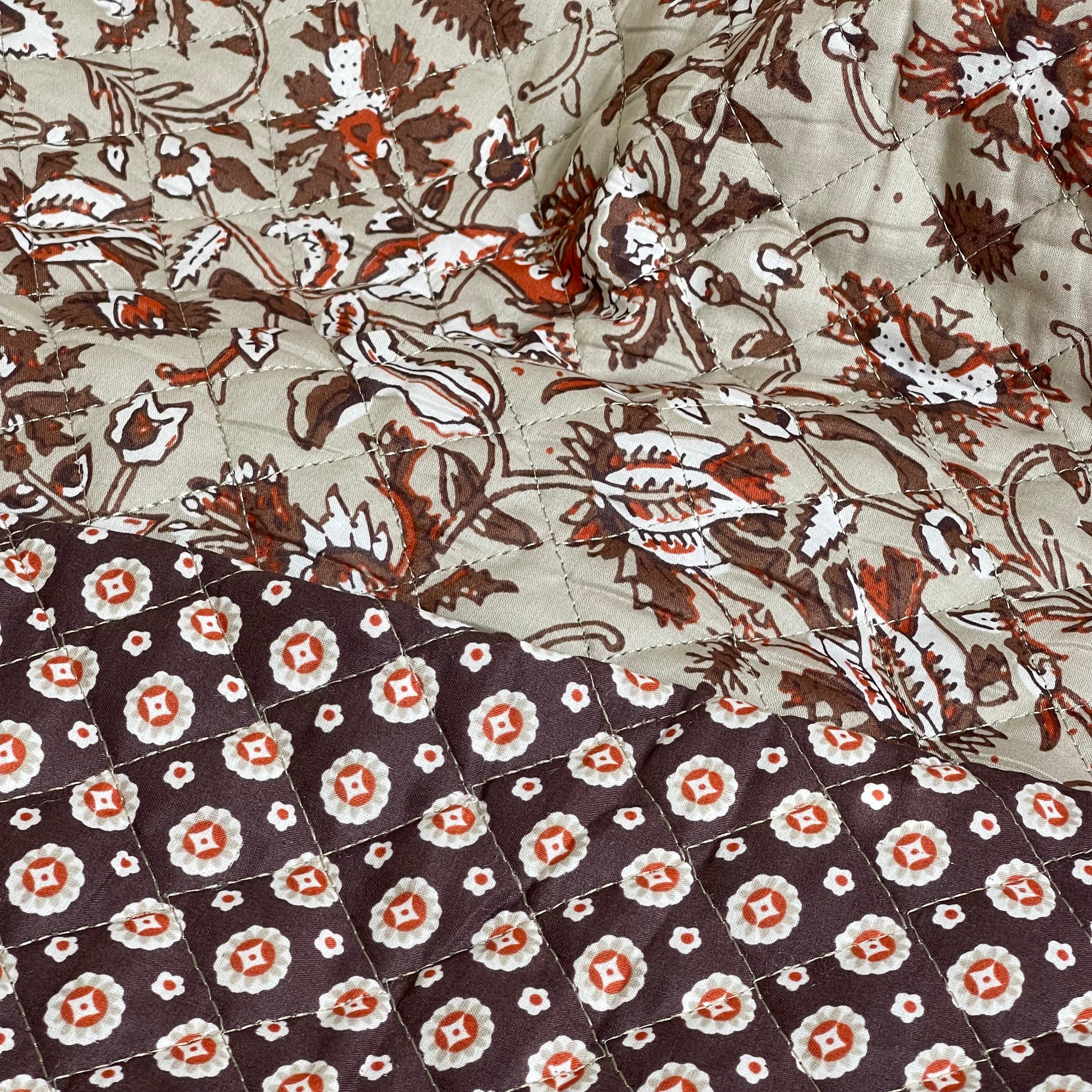 Ornamental Brown Flowers on Beige Quilted Cotton Fabric