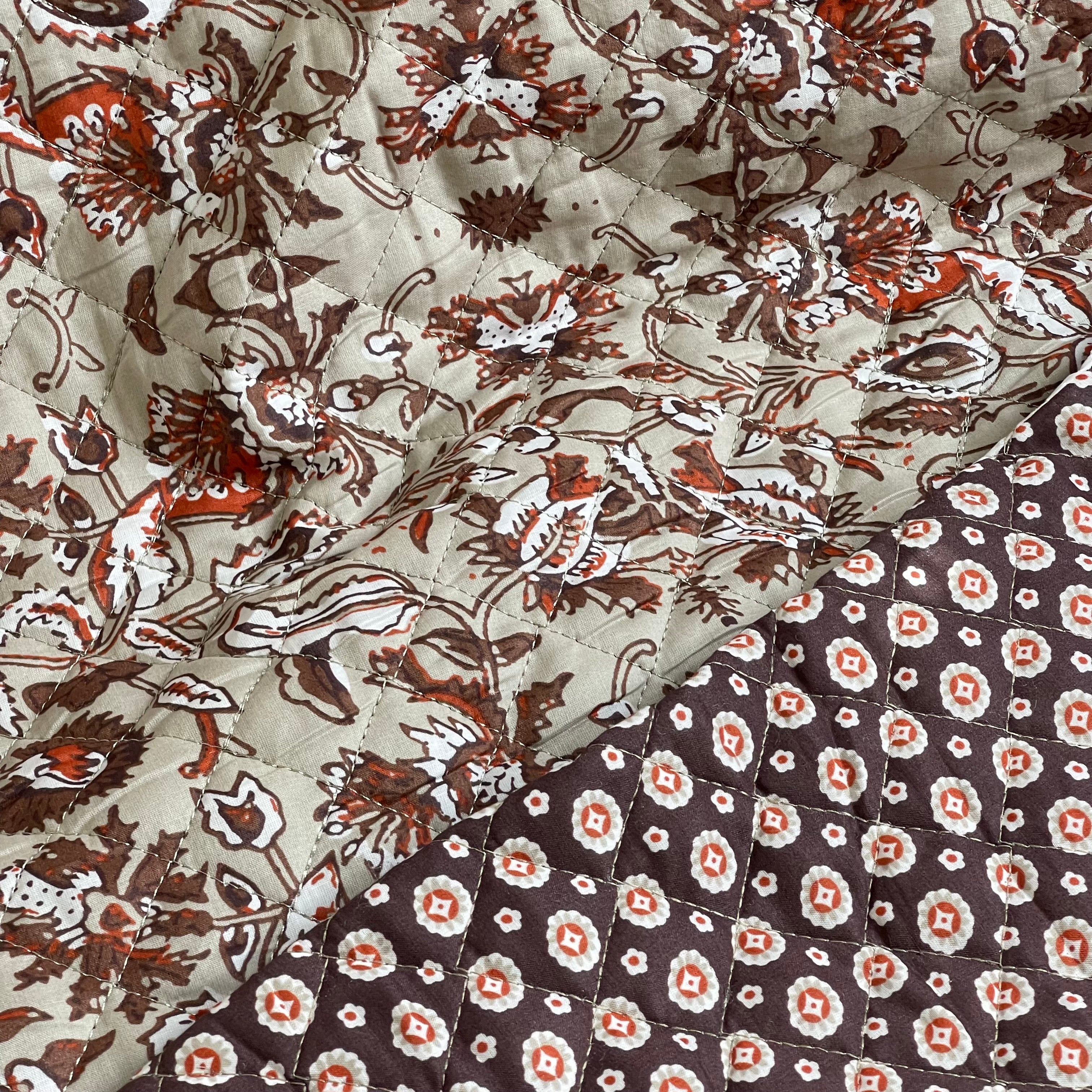 Ornamental Brown Flowers on Beige Quilted Cotton Fabric