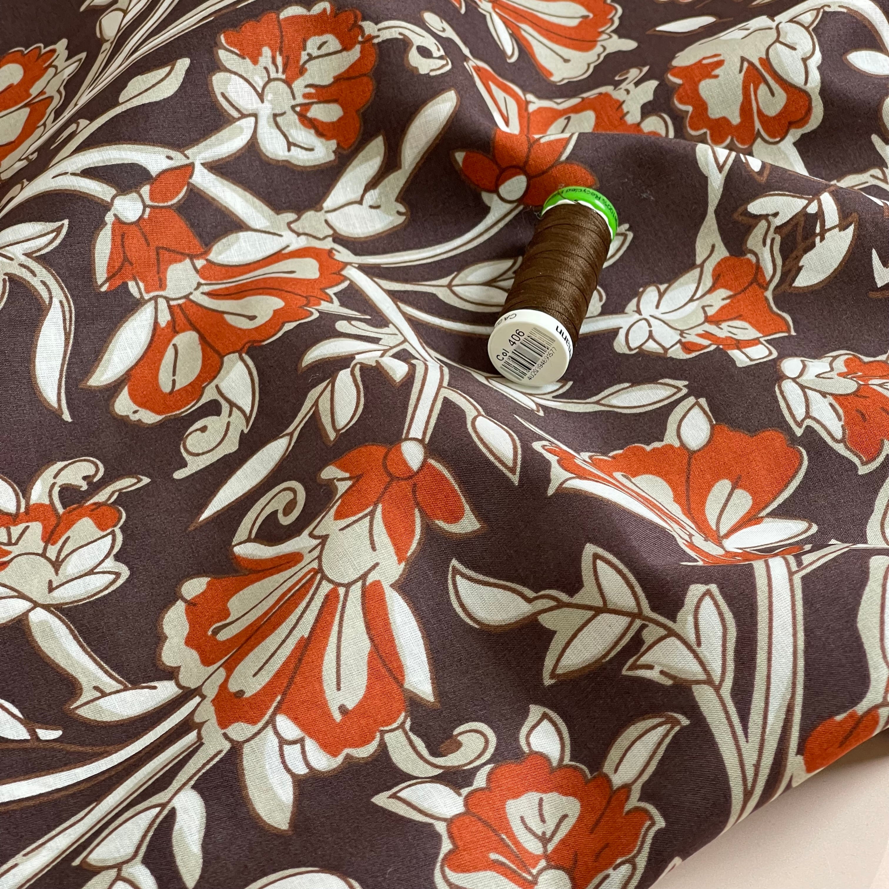 Rust Florals Cotton Voile Fabric
