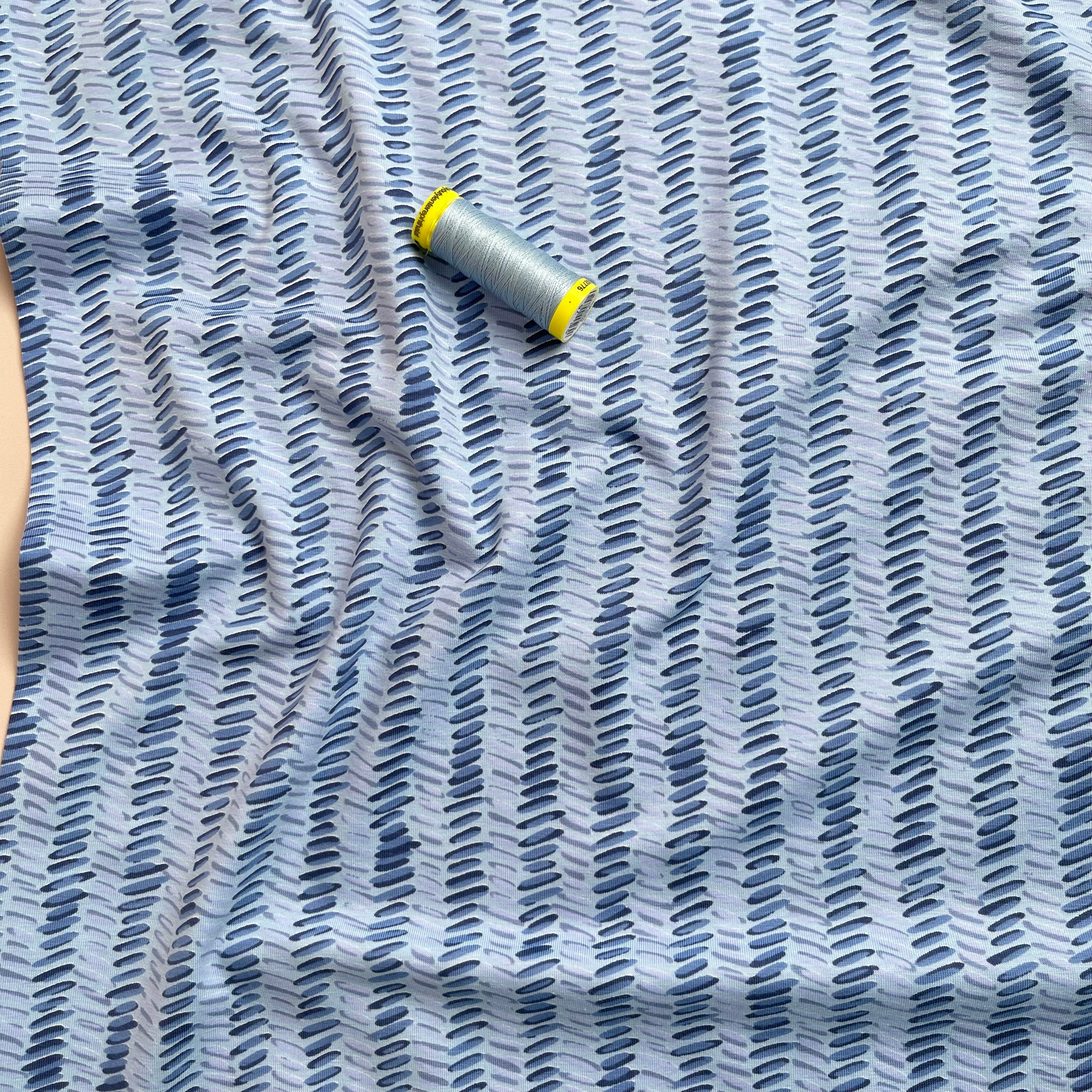 REMNANT 0.54 Metre - Danish Design - Dashes in Line Blue Cotton Jersey Fabric